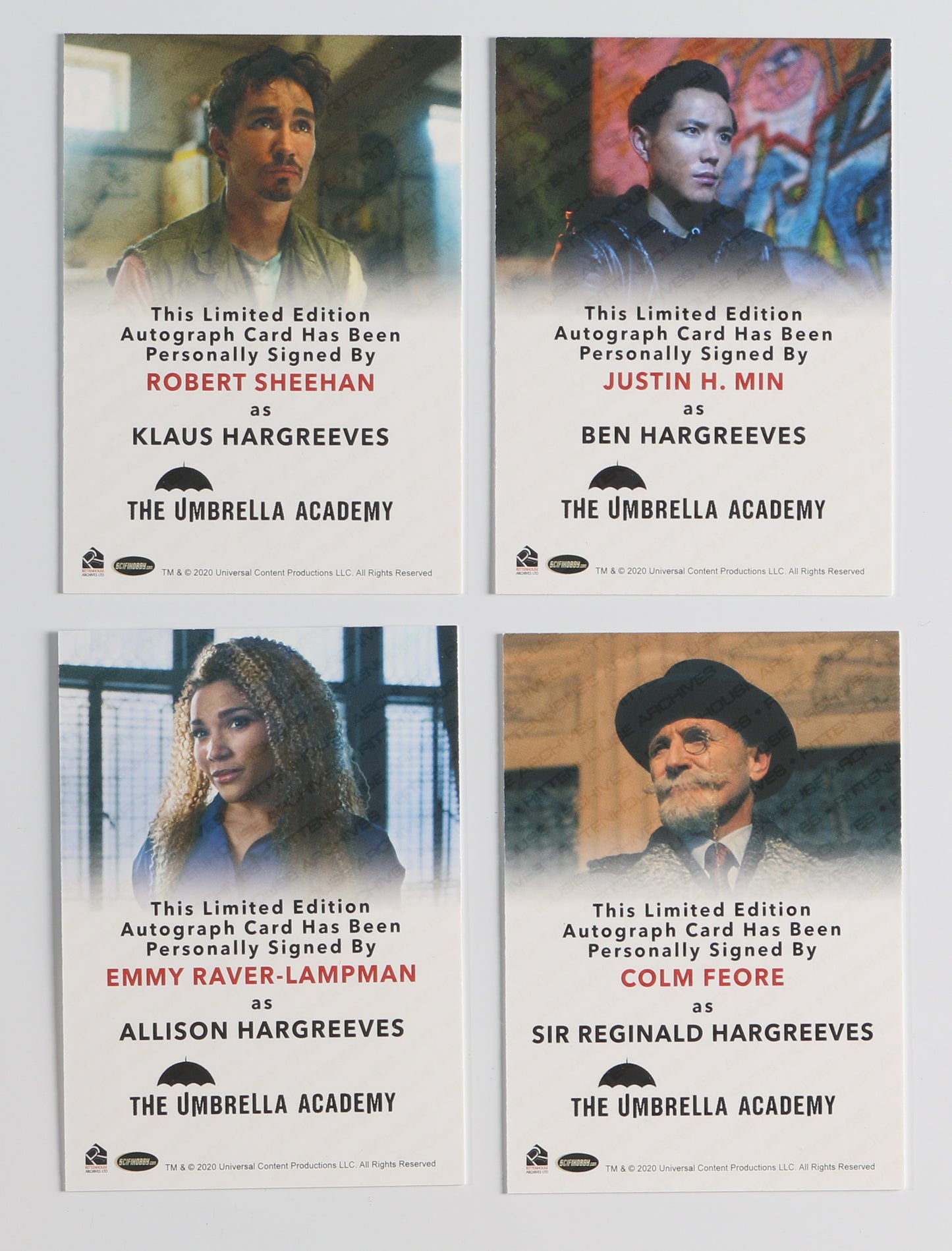 
                  
                    The Umbrella Academy Rittenhouse Trading Cards 4pc LOT Signed by Robert Sheehan, Justin H. Min, Emmy Raver-Lampman, & Colm Feore
                  
                