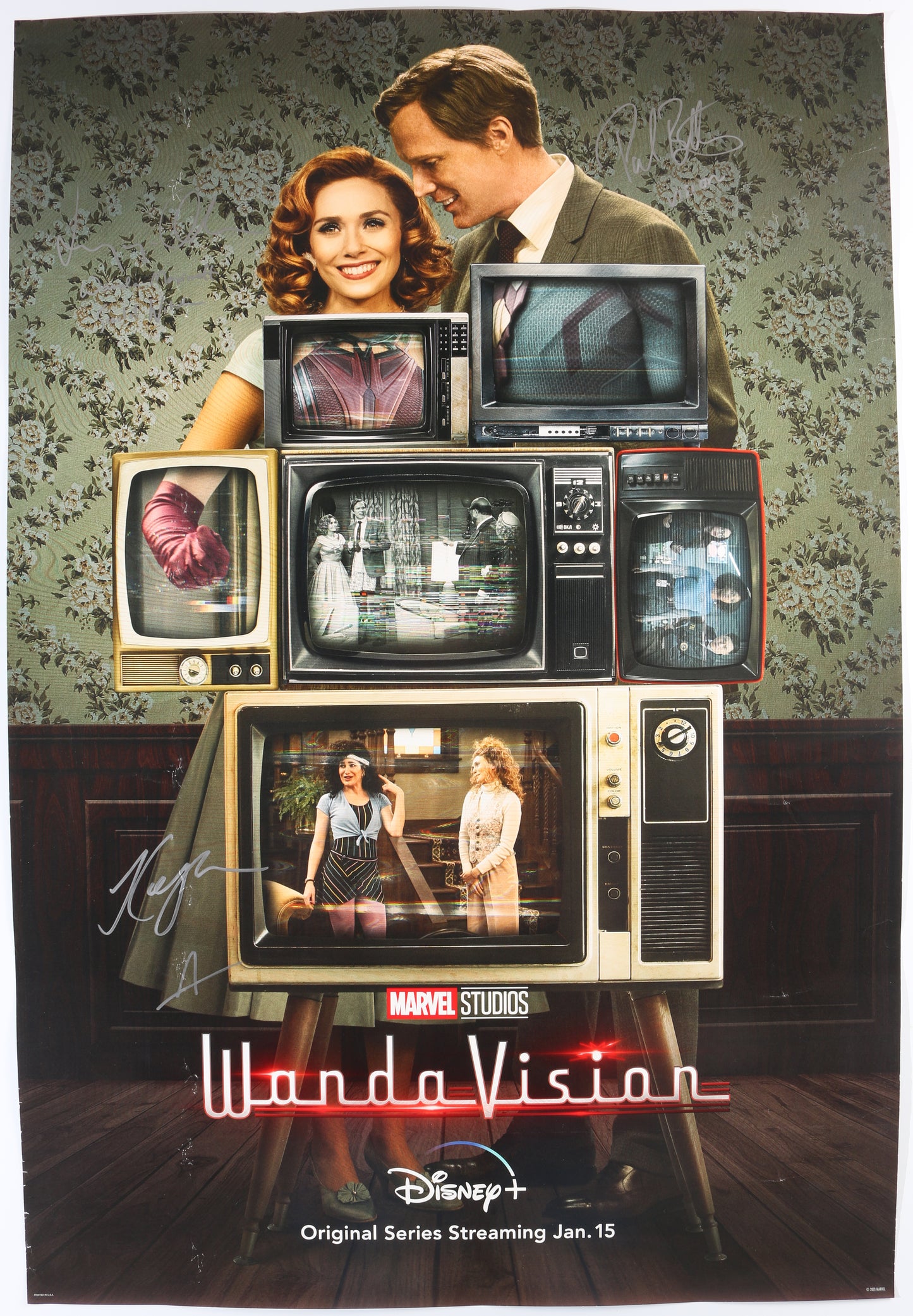 
                  
                    Elizabeth Olsen as The Scarlet Witch, Kathryn Hahn as Agatha Harkness, & Paul Bettany as Vision in WandaVision Signed 27x40 Poster with Character Names
                  
                
