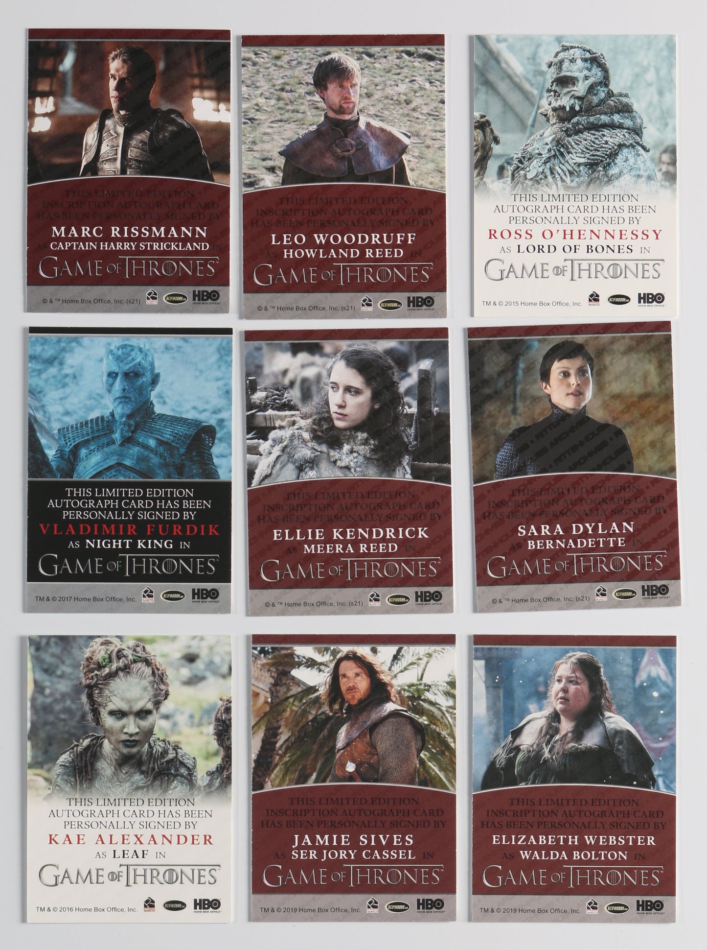
                  
                    Game of Thrones Rittenhouse Trading Cards 9pc LOT Signed by Marc Rissmann, Leo Woodruff, Ross O'Hennessy, Vladimir Furdik, Ellie Kendrick, Sara Dylan, Kae Alexander, Jamie Sives, & Elizabeth Webster with Quotes
                  
                