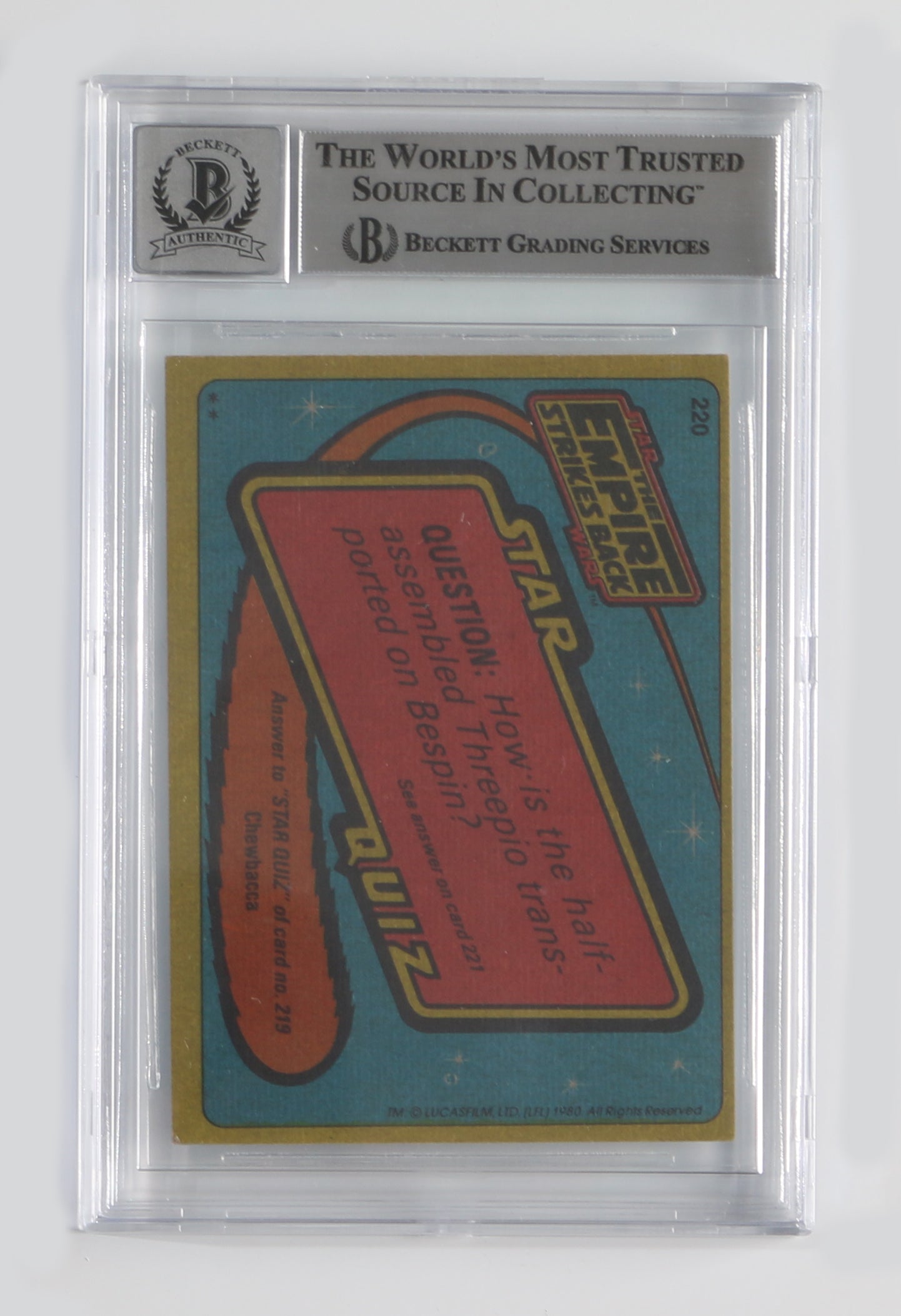 
                  
                    Jeremy Bulloch & Jason Wingreen as Boba Fett in Star Wars: The Empire Strikes Back (Beckett Encapsulated Auto 10) Signed 1980 Trading Card #220
                  
                