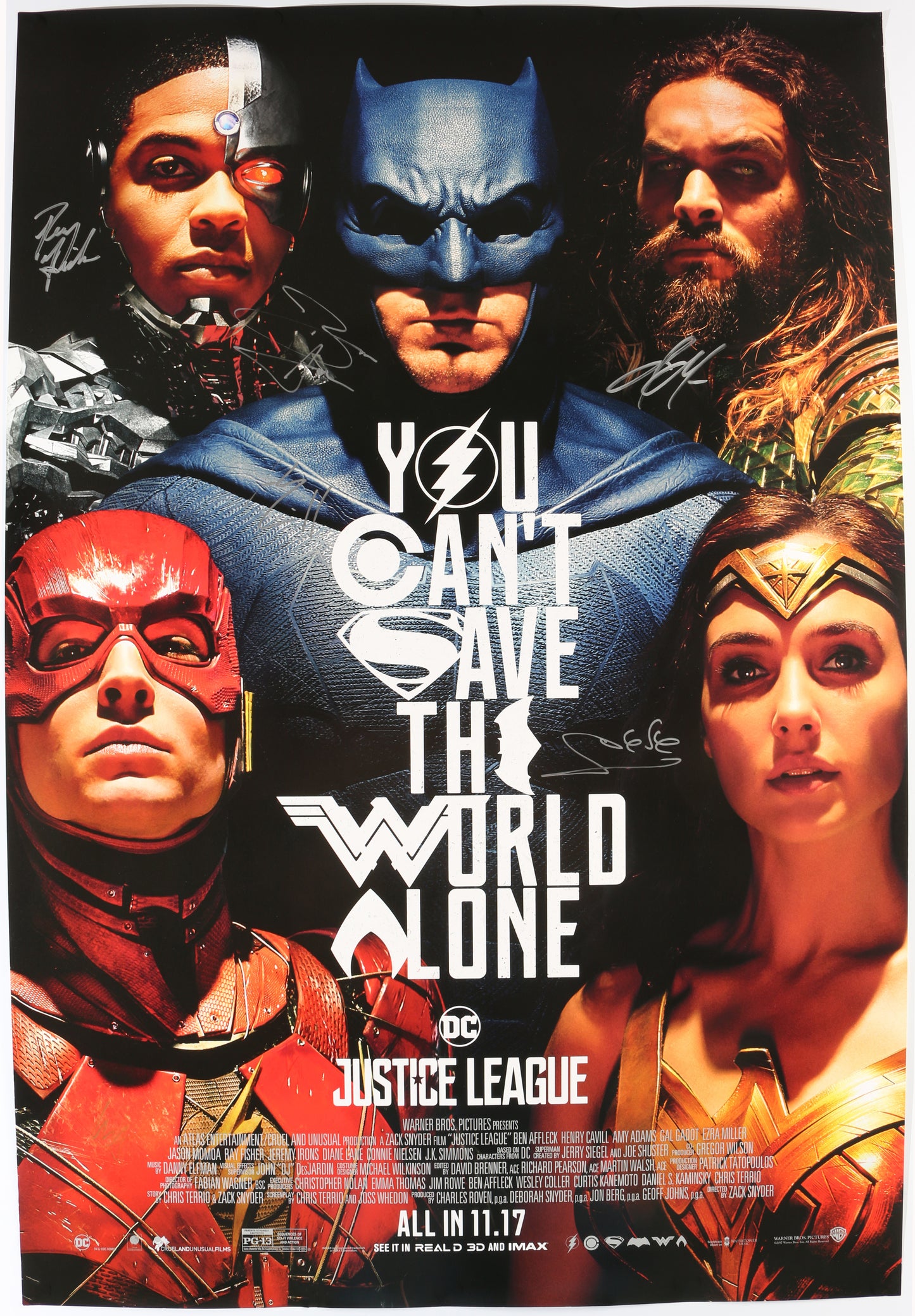 
                  
                    Justice League 27x40 Poster Cast Signed by Ben Affleck, Jason Momoa, Gal Gadot, Ray Fisher, Ezra Miller, & Henry Cavill
                  
                