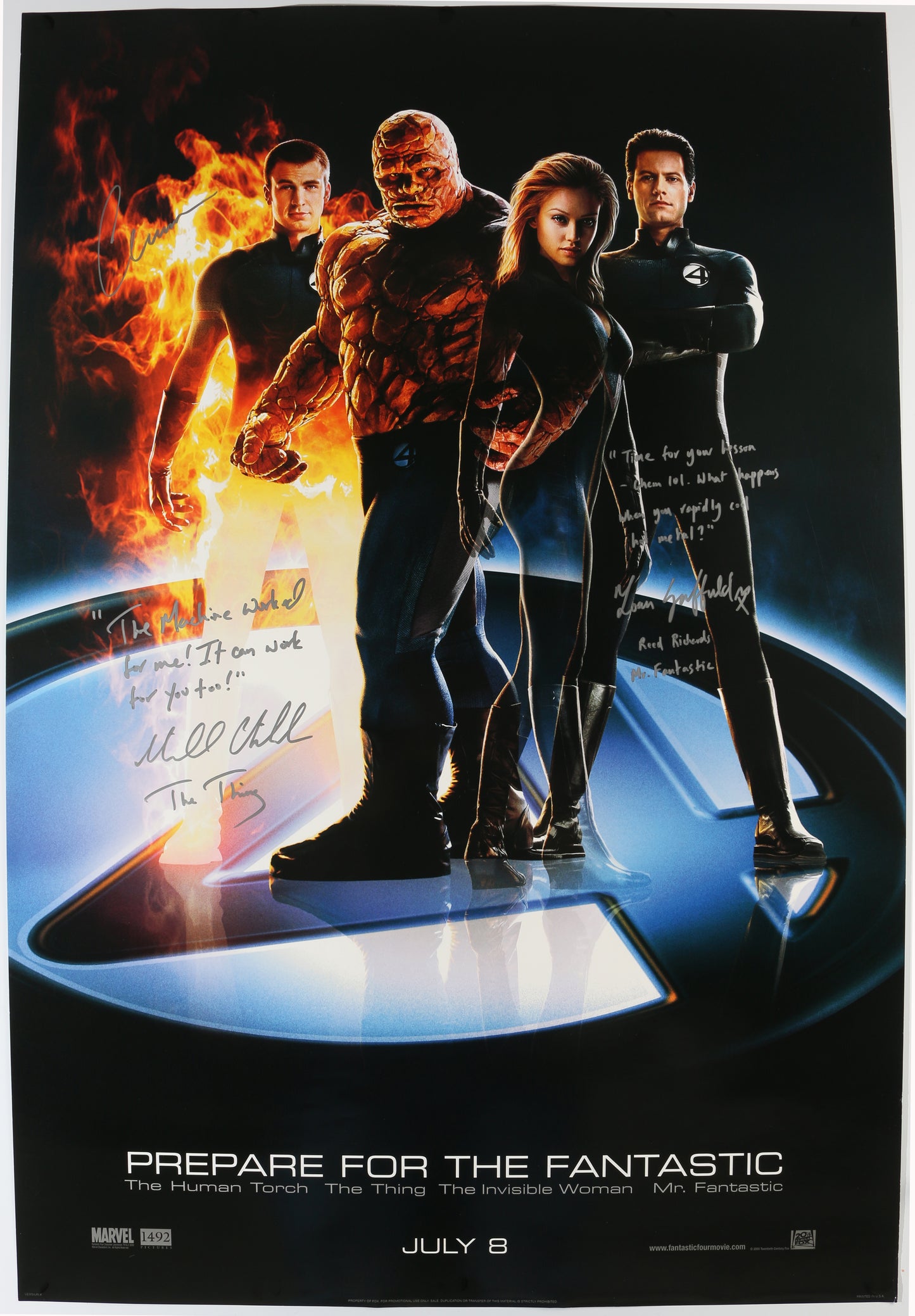 
                  
                    Chris Evans as Johnny Storm / Human Torch, Ioan Gruffudd as Reed Richards Mr. Fantastic, & Michael Chiklis as Ben Grimm / The Thing in Fantastic Four Signed 27x40 Poster with Character Names & Quotes
                  
                