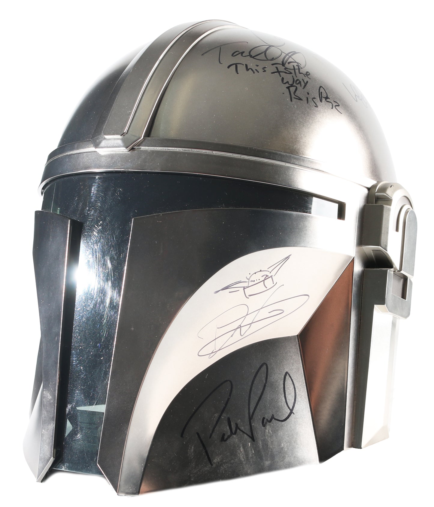 
                  
                    Star Wars: The Mandalorian Hasbro Black Series Prop Replica Helmet Cast Signed by Pedro Pascal, Dave Filoni with Grogu Original Art Sketch, Jon Favreau, Carl Weathers, Ming-Na Wen, Emily Swallow, Omid Abtahi, Katee Sackhoff, Bill Burr, Doug Chiang, & More
                  
                