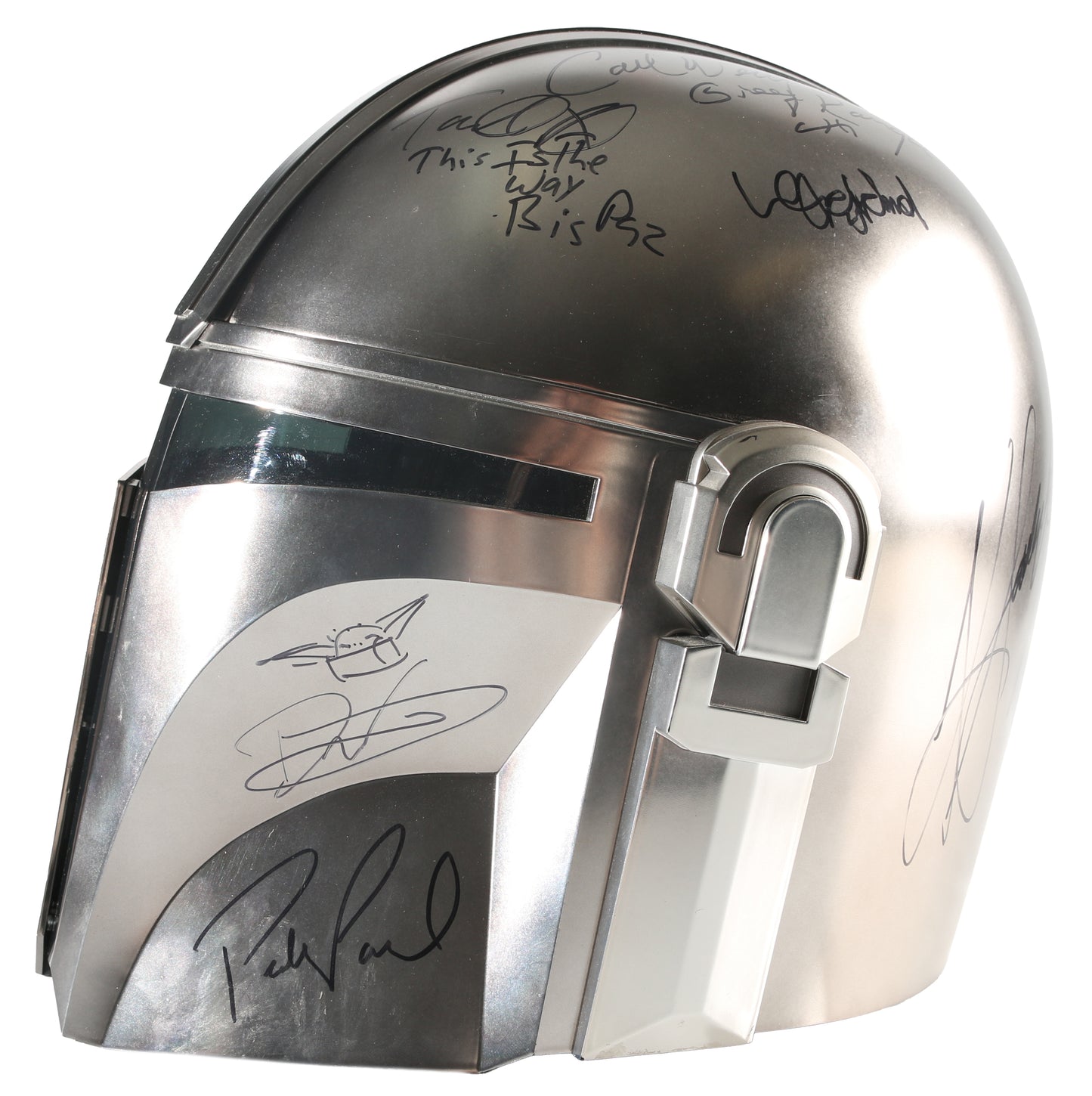 
                  
                    Star Wars: The Mandalorian Hasbro Black Series Prop Replica Helmet Cast Signed by Pedro Pascal, Dave Filoni with Grogu Original Art Sketch, Jon Favreau, Carl Weathers, Ming-Na Wen, Emily Swallow, Omid Abtahi, Katee Sackhoff, Bill Burr, Doug Chiang, & More
                  
                