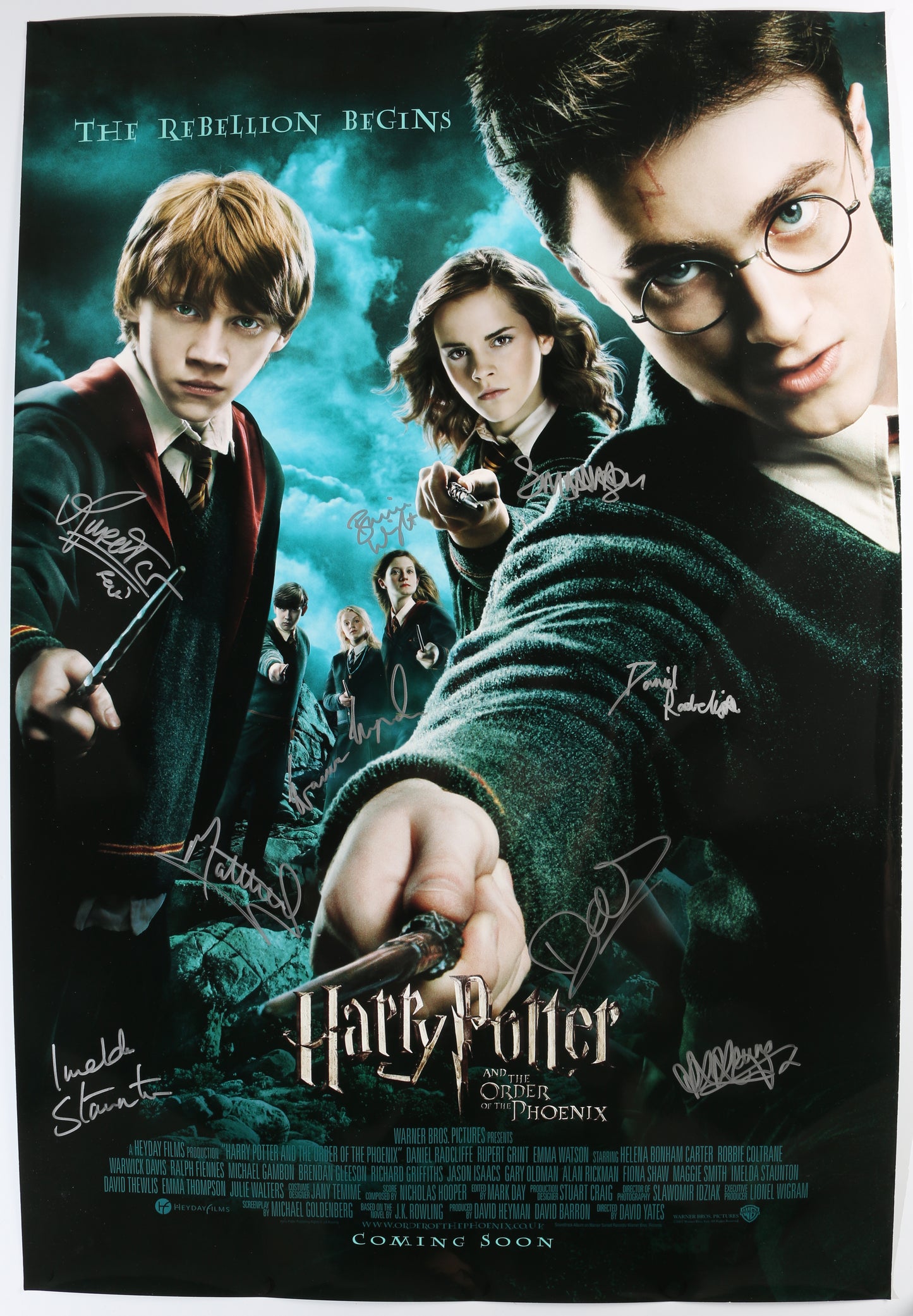 
                  
                    Harry Potter & the Order of the Phoenix 27x40 Poster Cast Signed by Daniel Radcliffe, Emma Watson, Rupert Grint, Katie Leung, Matthew Lewis, Evanna Lynch, Imelda Staunton, Bonnie Wright, & Director: David Yates
                  
                