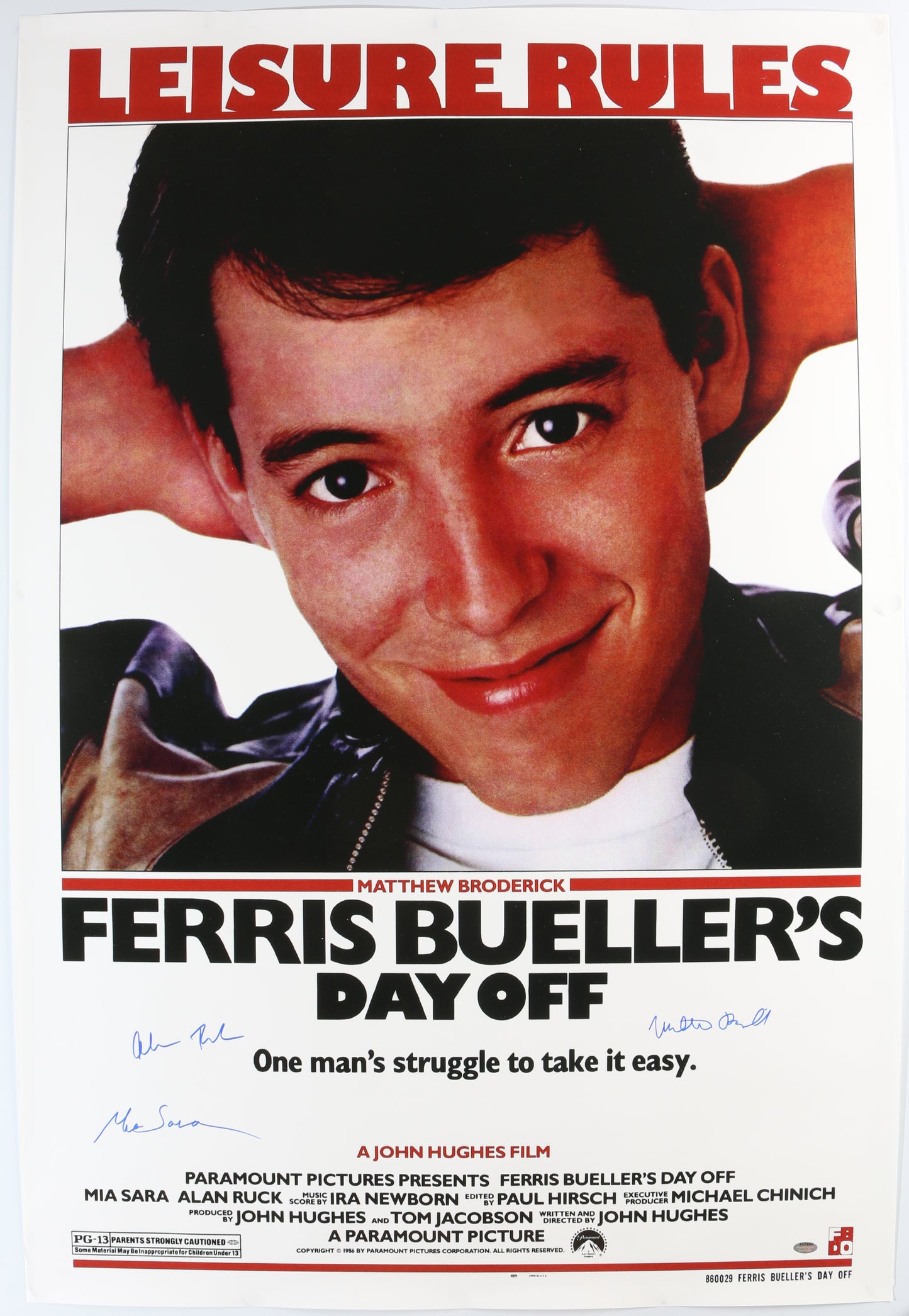 
                  
                    Matthew Broderick as Ferris Bueller, Alan Ruck as Cameron Frye, & Mia Sara as Sloane Peterson in Ferris Bueller's Day Off Signed 27x40 Poster
                  
                
