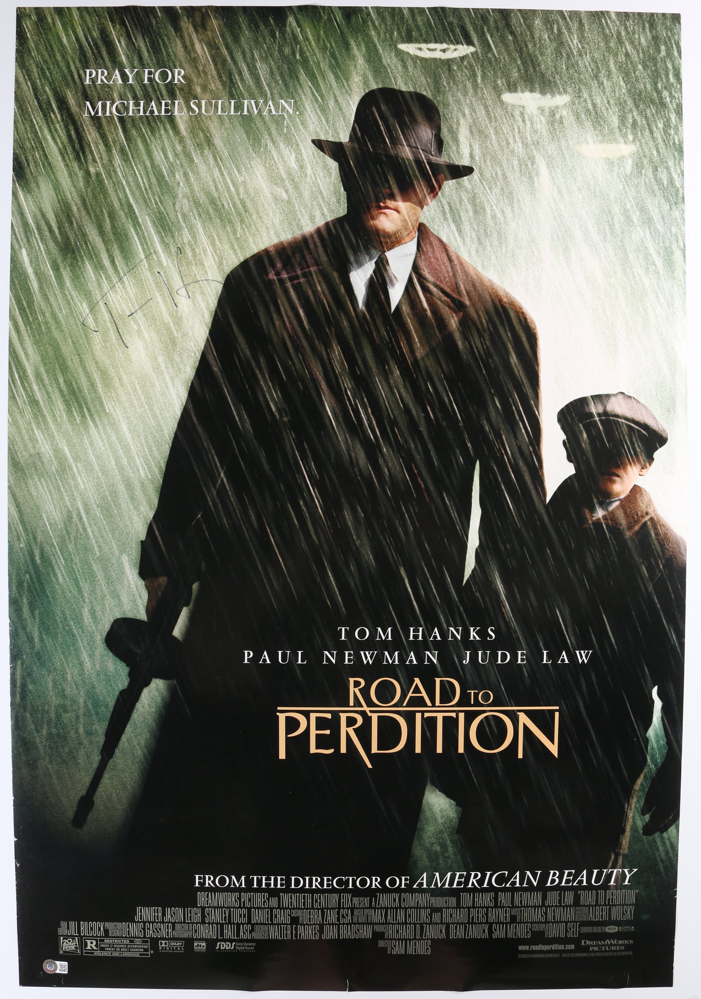 
                  
                    Tom Hanks as Mike Sullivan in Road to Perdition (Beckett) Signed 27x40 Poster
                  
                