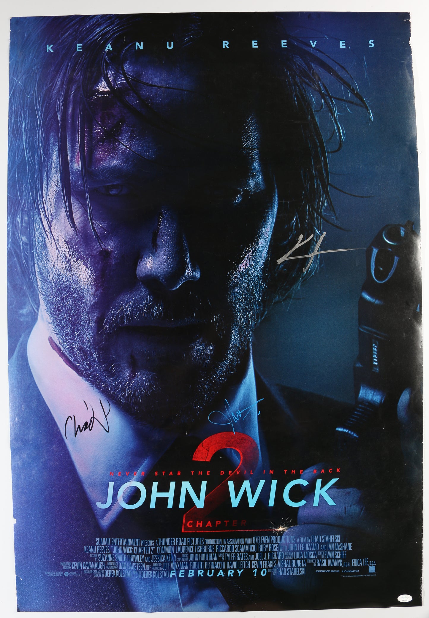 
                  
                    Keanu Reeves as John Wick, John Leguizamo as Aurelio, & Director: Chad Stahelski in John Wick: Chapter 2 (JSA) Signed 27x40 Poster
                  
                