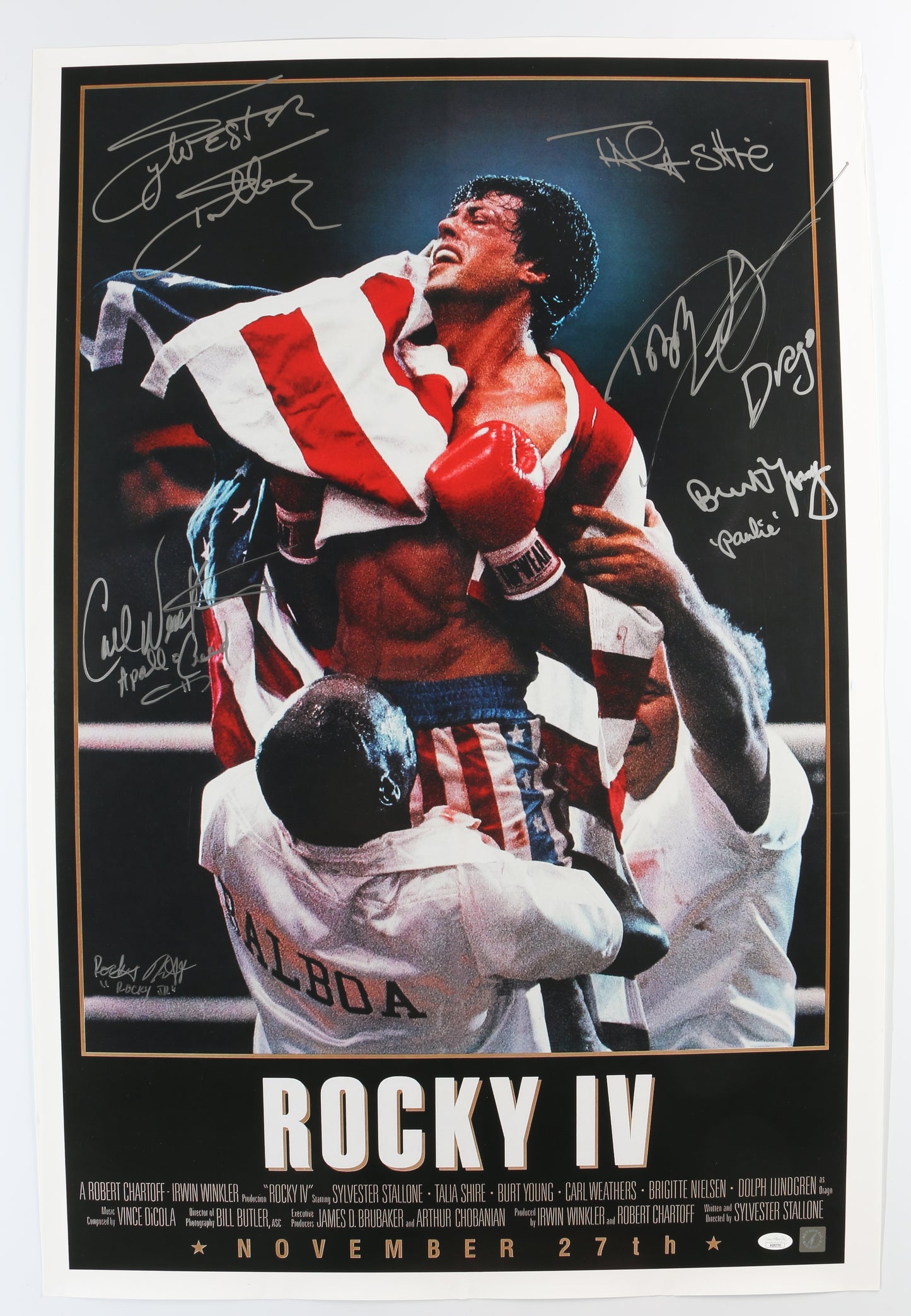 
                  
                    Rocky IV (JSA) 24x36 Poster Cast Signed by Sylvester Stallone, Talia Shire, Carl Weathers, Burt Young, Dolph Lundgren, & Rocky Krakoff with Character Names
                  
                