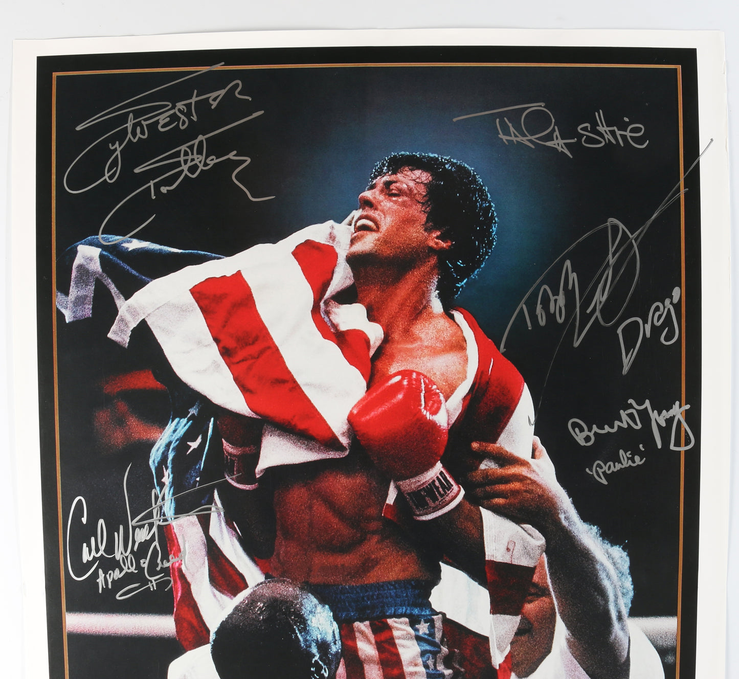
                  
                    Rocky IV (JSA) 24x36 Poster Cast Signed by Sylvester Stallone, Talia Shire, Carl Weathers, Burt Young, Dolph Lundgren, & Rocky Krakoff with Character Names
                  
                