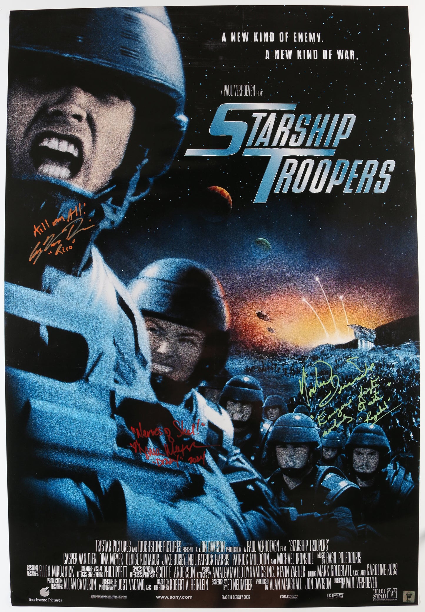 
                  
                    Starship Troopers (Monster Mania) 27x40 Poster Cast Signed by Casper Van Dien, Dina Meyer, & Michael Ironside with Character Names & Quotes
                  
                