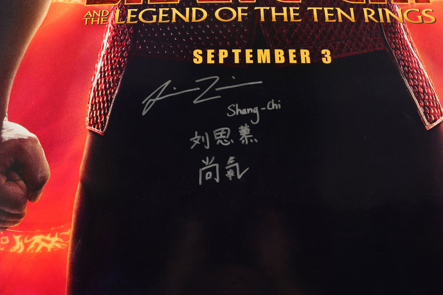 
                  
                    Simu Liu as Shang-Chi in Shang-Chi & the Legend of the Ten Rings (JSA) Signed 27x40 Poster with Character Name & Chinese Signature
                  
                