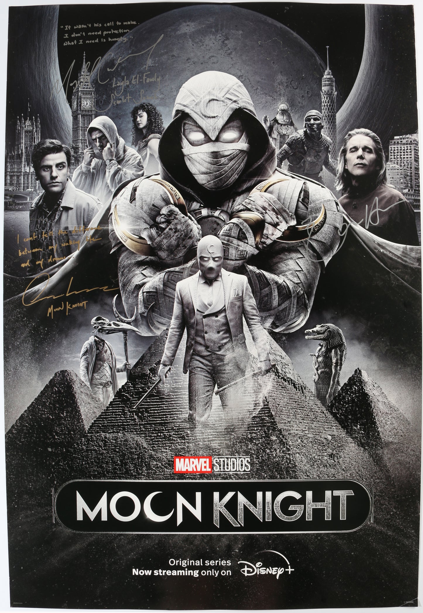 
                  
                    Oscar Isaac as Marc Spector, May Calamawy as Layla El-Faouly, & Ethan Hawke as Arthur Harrow in Moon Knight Signed 27x40 Poster with Character Names & Quotes
                  
                