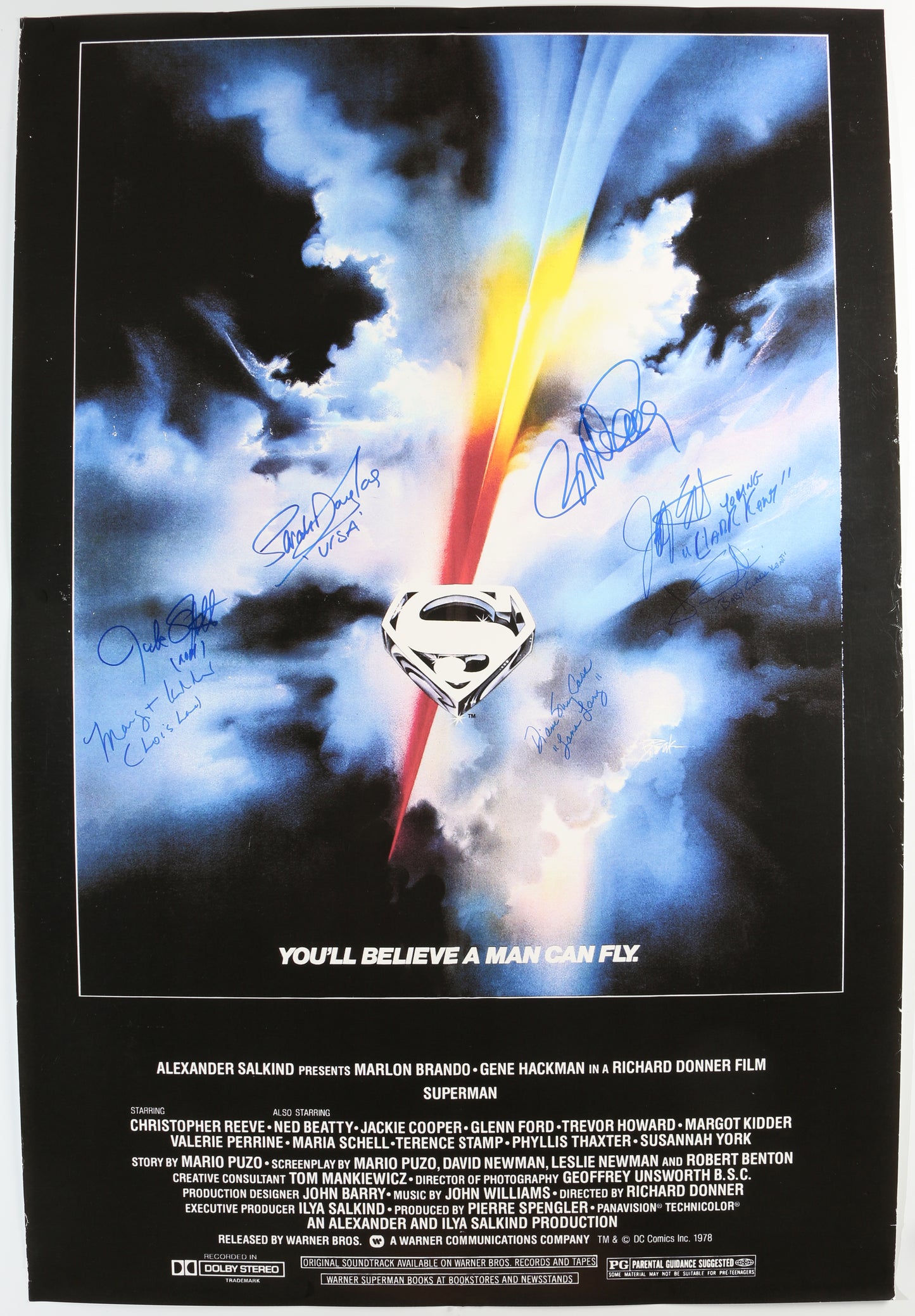 
                  
                    Superman 27x40 Poster Cast Signed by Margot Kidder, Jack O'Halloran, Sarah Douglas, Jeff East, Aaron Smolinski, Diane Sherry, & Director: Richard Donner
                  
                