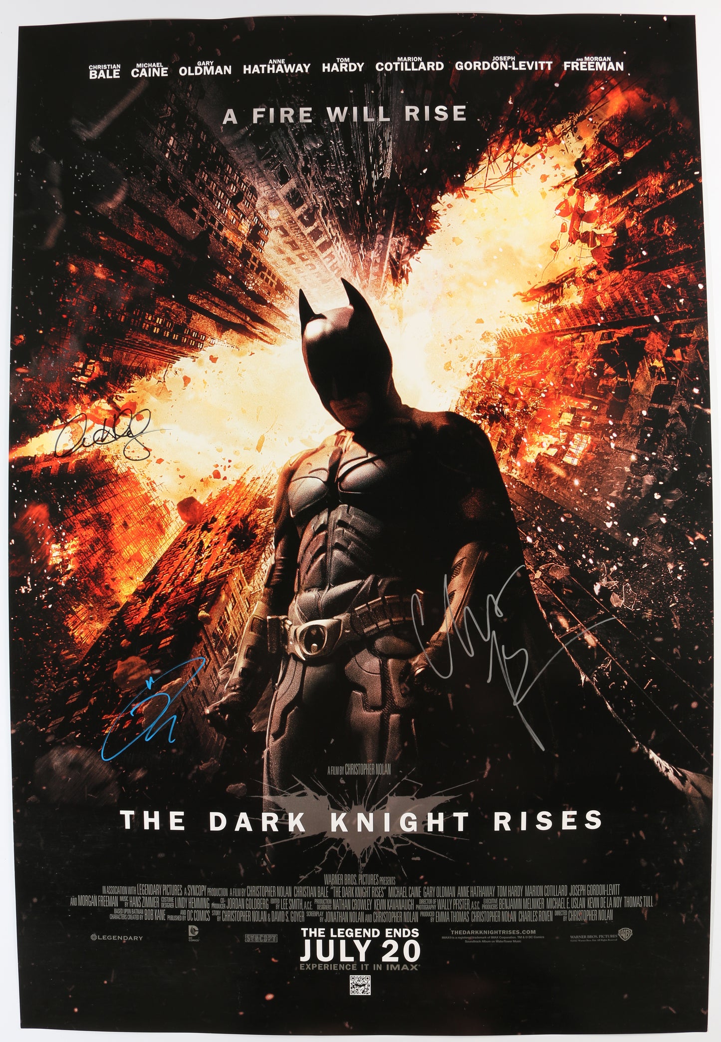 
                  
                    Christian Bale as Batman, Anne Hathaway as Catwoman, & Tom Hardy as Bane in The Dark Knight Rises Signed 27x40 Poster
                  
                