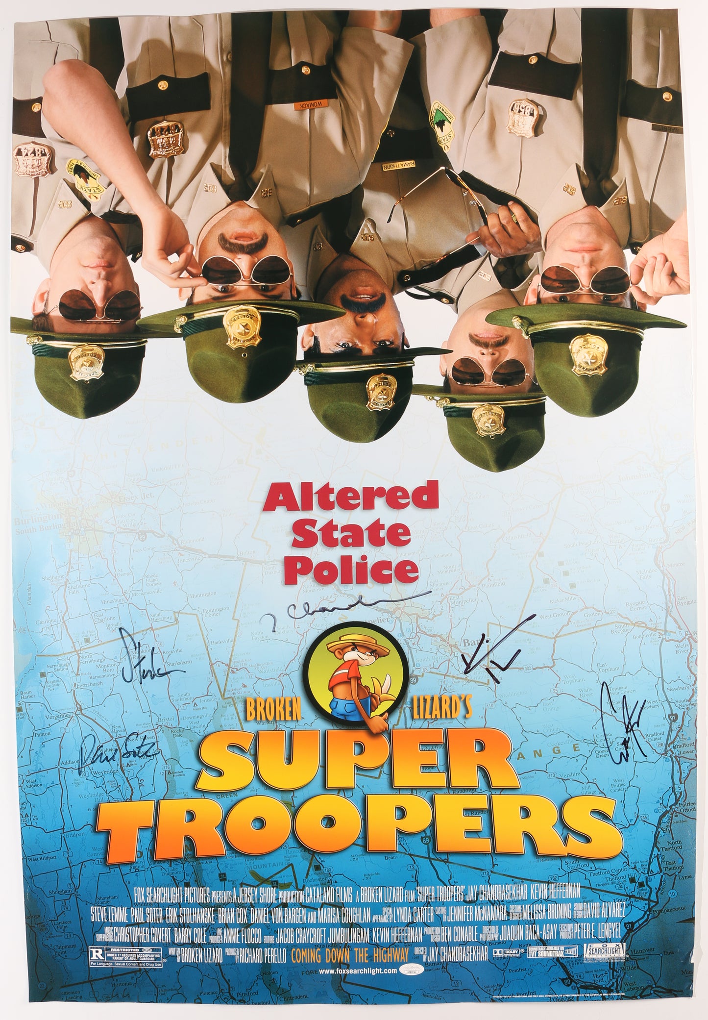 
                  
                    Super Troopers (JSA) 27x40 Poster Cast Signed by Jay Chandrasekhar, Kevin Hefferman, Steve Lemme, Erik Stolhanske, & Paul Soter
                  
                