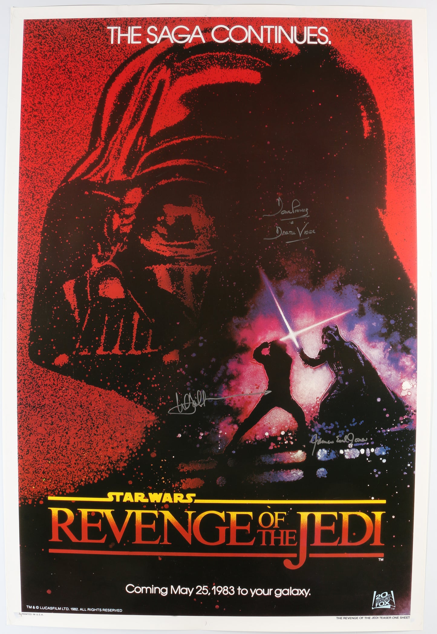 
                  
                    Mark Hamill as Luke Skywalker with James Earl Jones & Dave Prowse as Darth Vader in Star Wars: Revenge of the Jedi (Star Wars Topps Authentics) Signed 27x40 Poster with Character Name
                  
                