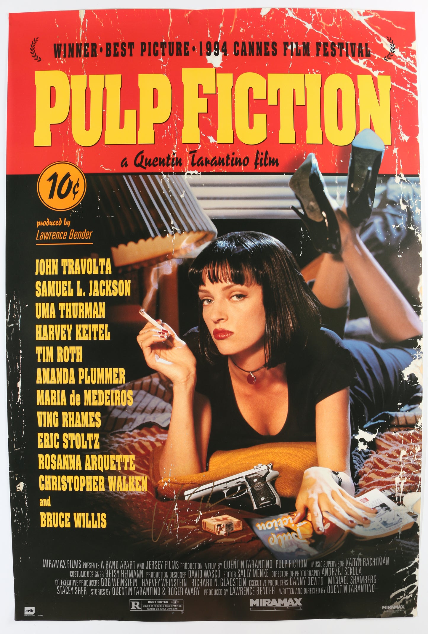 
                  
                    Uma Thurman as Mia Wallace in Quentin Tarantino's Pulp Fiction Signed 24x36 Poster
                  
                