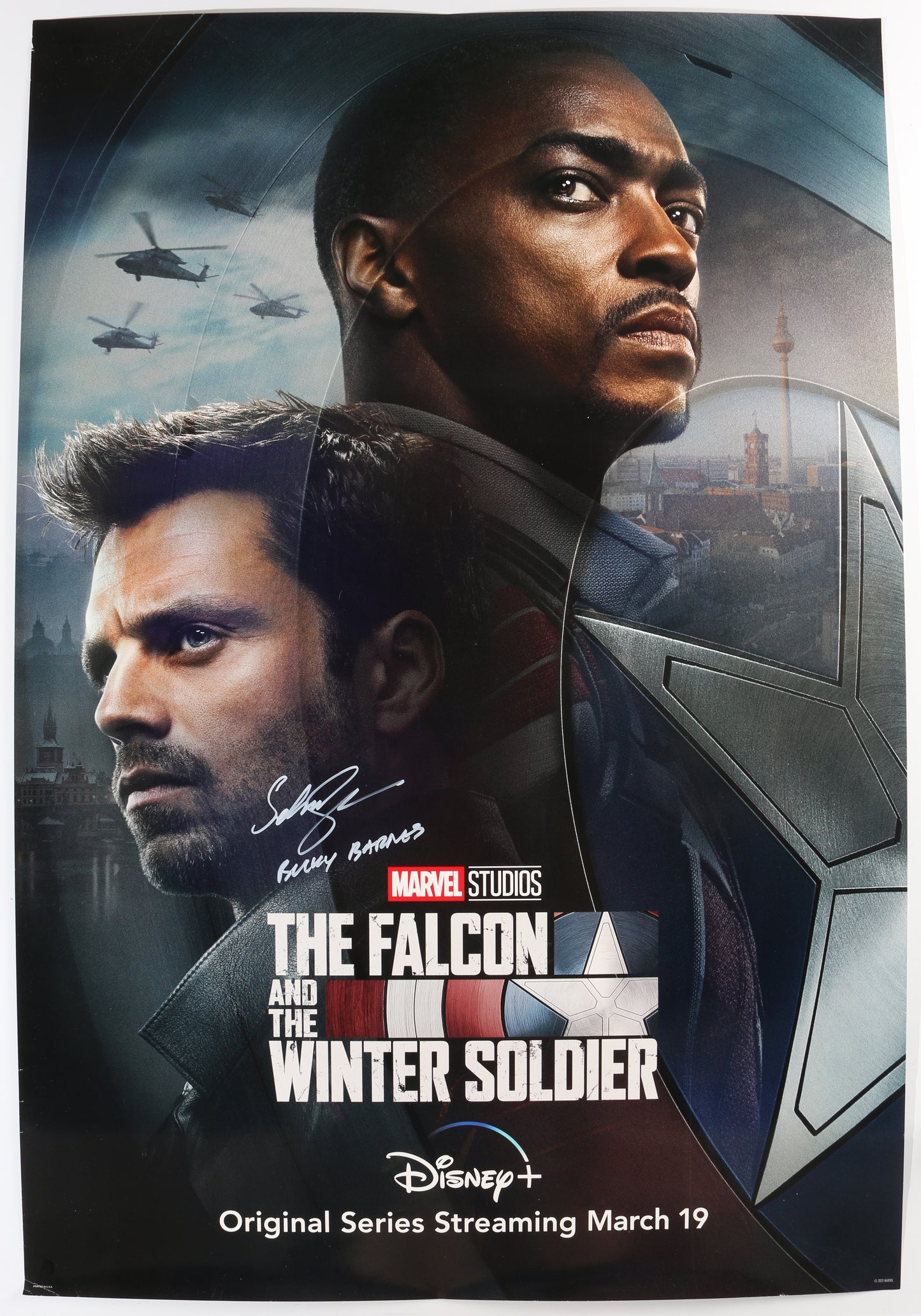 
                  
                    Sebastian Stan as Bucky Barnes / Winter Soldier in The Falcon & the Winter Soldier Signed 27x40 Poster with Character Name
                  
                