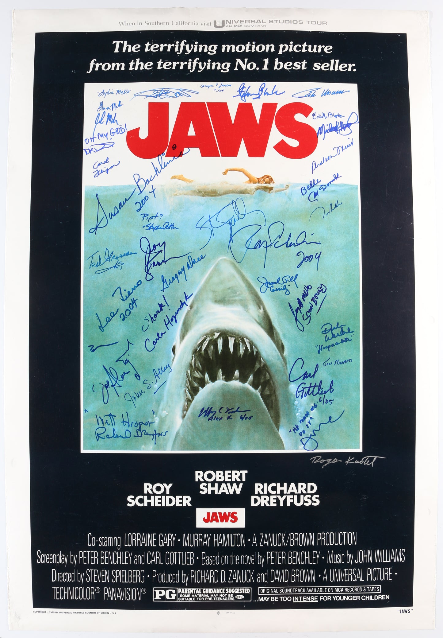 
                  
                    Jaws (K9) 27x40 Poster Cast Signed by Steven Spielberg, Roy Scheider, Richard Dreyfuss, Carl Gottlieb, Jeffrey Kramer, Lee Fierro, Roger Kastel, Jonathan Filley, Jay Mello, Stephen Potter, Belle McDonald, Dick Warlock, Michael Haydn, Carol Fligor, & More
                  
                