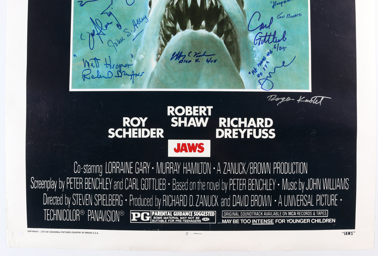 
                  
                    Jaws (K9) 27x40 Poster Cast Signed by Steven Spielberg, Roy Scheider, Richard Dreyfuss, Carl Gottlieb, Jeffrey Kramer, Lee Fierro, Roger Kastel, Jonathan Filley, Jay Mello, Stephen Potter, Belle McDonald, Dick Warlock, Michael Haydn, Carol Fligor, & More
                  
                