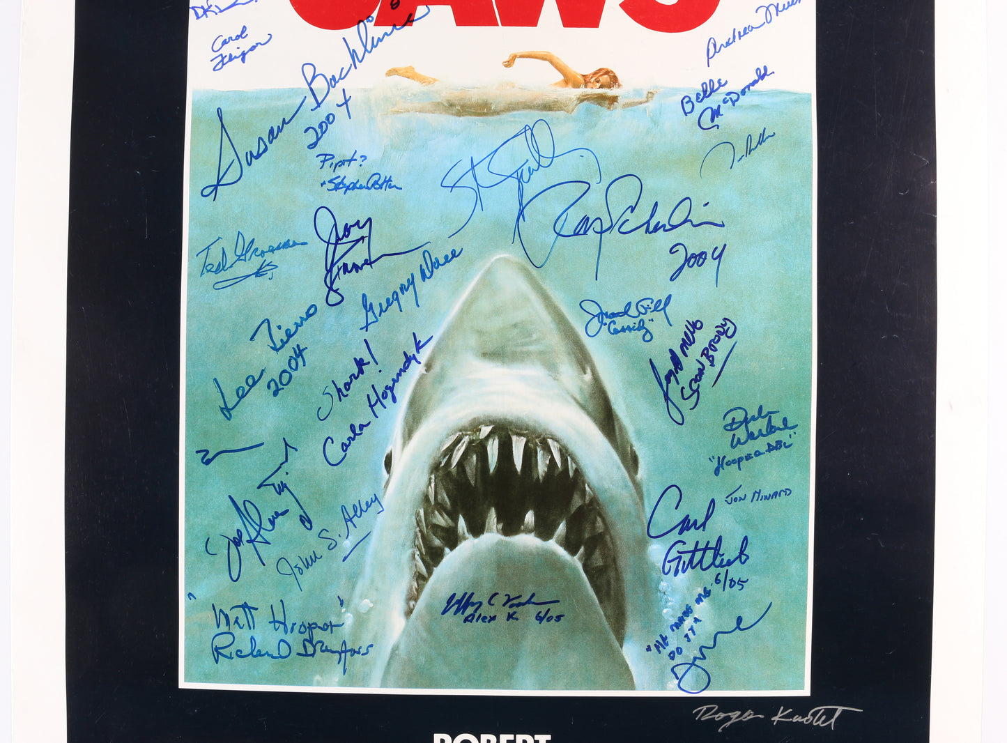 
                  
                    Jaws (K9) 27x40 Poster Cast Signed by Steven Spielberg, Roy Scheider, Richard Dreyfuss, Carl Gottlieb, Jeffrey Kramer, Lee Fierro, Roger Kastel, Jonathan Filley, Jay Mello, Stephen Potter, Belle McDonald, Dick Warlock, Michael Haydn, Carol Fligor, & More
                  
                