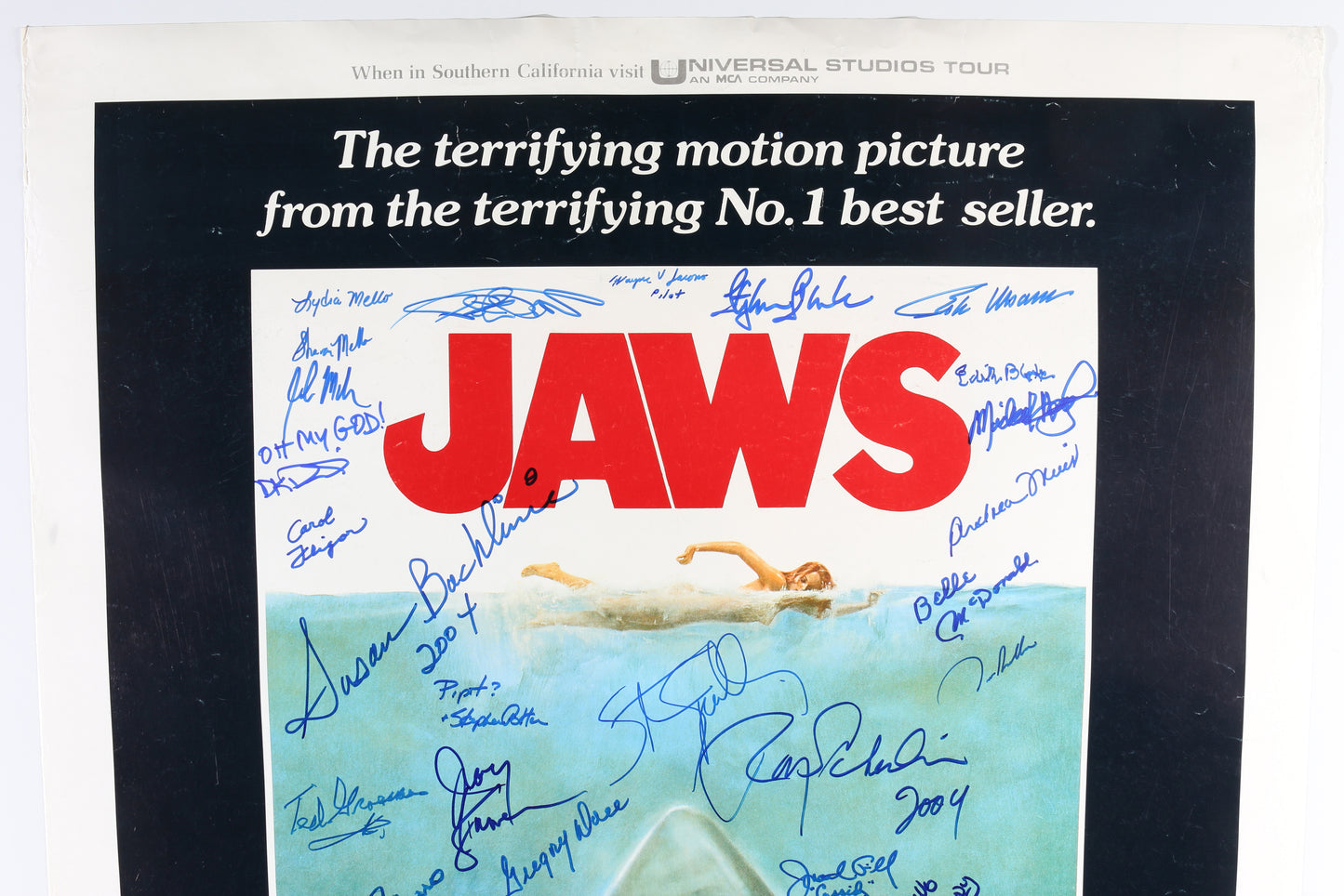 
                  
                    Jaws (K9) 27x40 Poster Cast Signed by Steven Spielberg, Roy Scheider, Richard Dreyfuss, Carl Gottlieb, Jeffrey Kramer, Lee Fierro, Roger Kastel, Jonathan Filley, Jay Mello, Stephen Potter, Belle McDonald, Dick Warlock, Michael Haydn, Carol Fligor, & More
                  
                