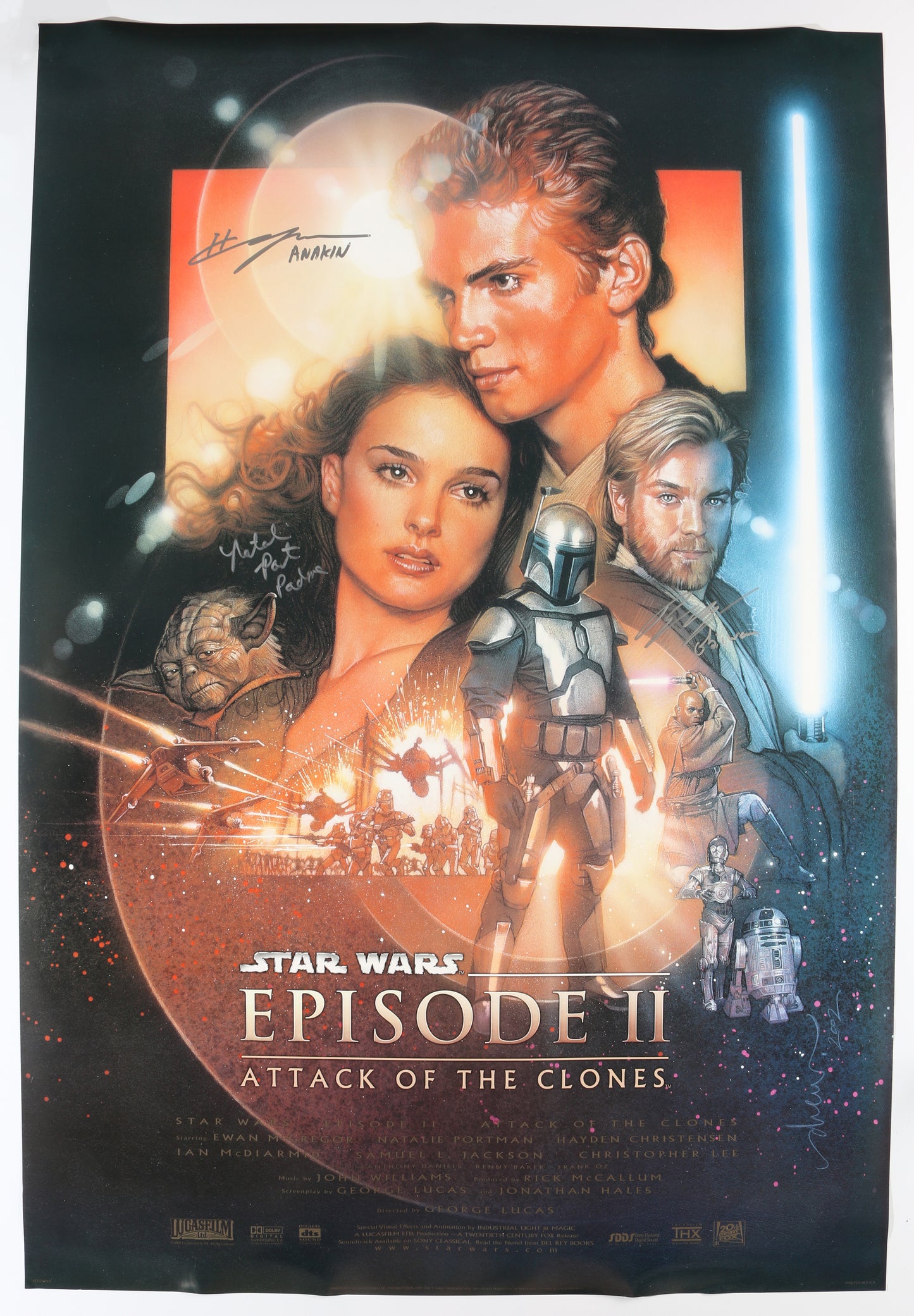 
                  
                    Ewan McGregor as Obi-Wan Kenobi, Natalie Portman as Padme Amidala, & Hayden Christensen as Anakin Skywalker in Star Wars Episode II: Attack of the Clones (SWAU) Signed 27x40 Poster with Character Names
                  
                