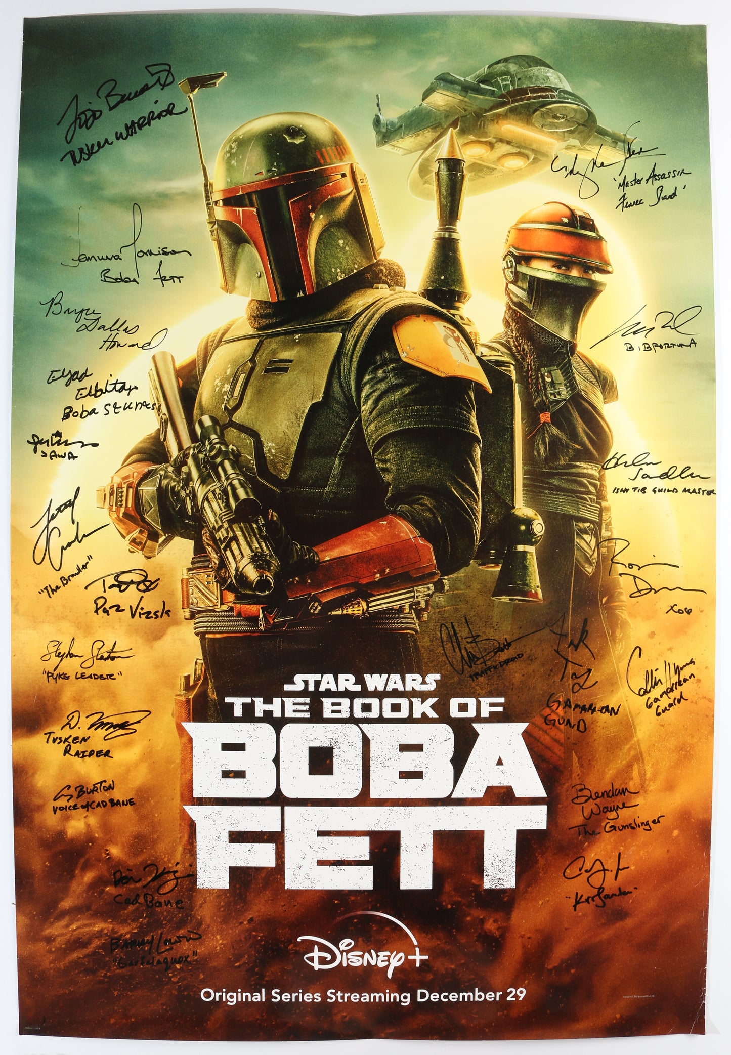 
                  
                    The Book of Boba Fett 27x40 Poster Cast Signed by Temuera Morrison, Matthew Wood, Bryce Dallas Howard, Brendan Wayne, Ming Na Wen, Carey Jones, Corey Burton, Tait Fletcher, Rosario Dawson, Lateef Crowder, & More
                  
                