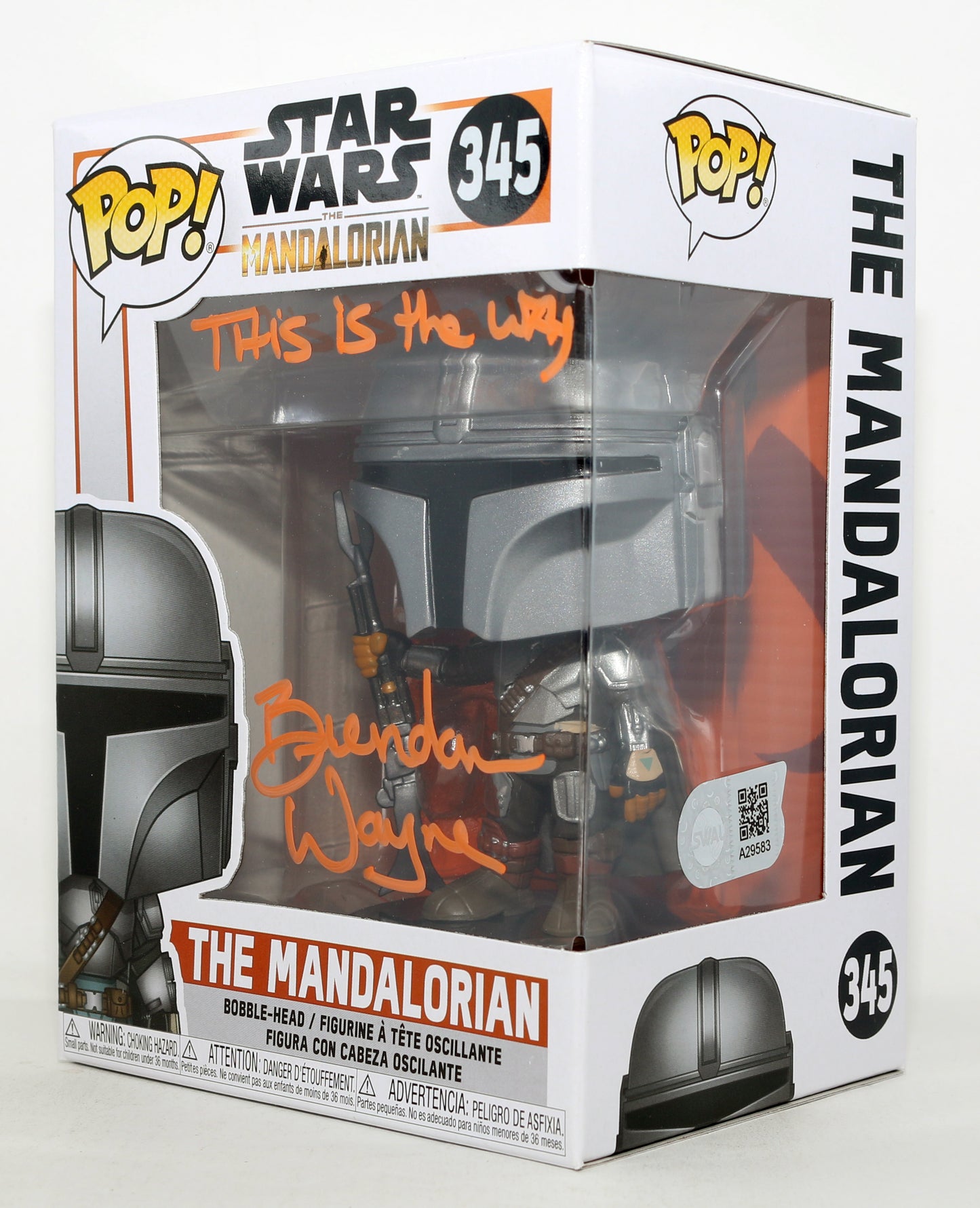 
                  
                    Brendan Wayne as The Mandalorian in Star Wars: The Mandalorian (SWAU) Signed Funko POP! #345 with Quote
                  
                