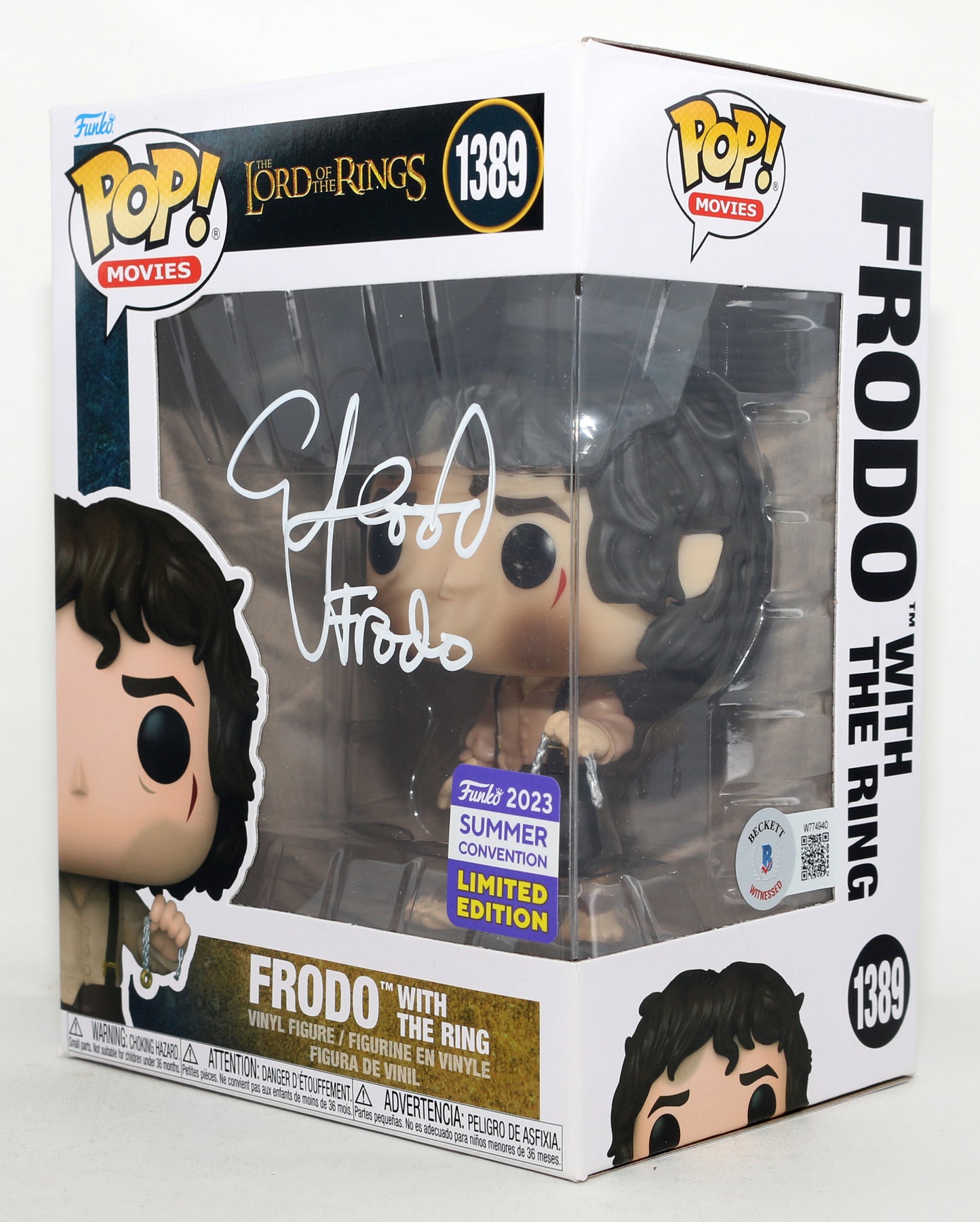 
                  
                    Elijah Wood as Frodo Baggins in The Lord of the Rings 2023 Summer Convention Limited Edition (Beckett) Signed Funko POP! #1389 with Character Name
                  
                