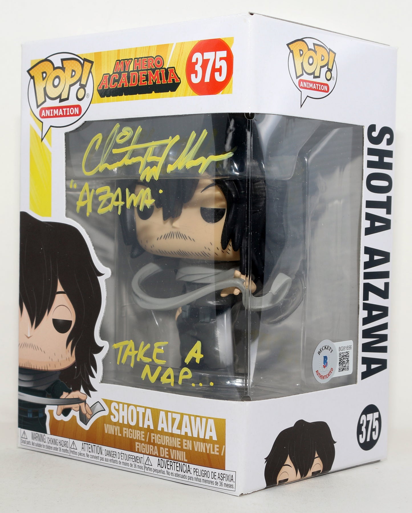 
                  
                    Christopher Wehkamp as Shota Aizawa in My Hero Academia (Beckett) Signed Funko POP! #375 with Character Name & Quote
                  
                