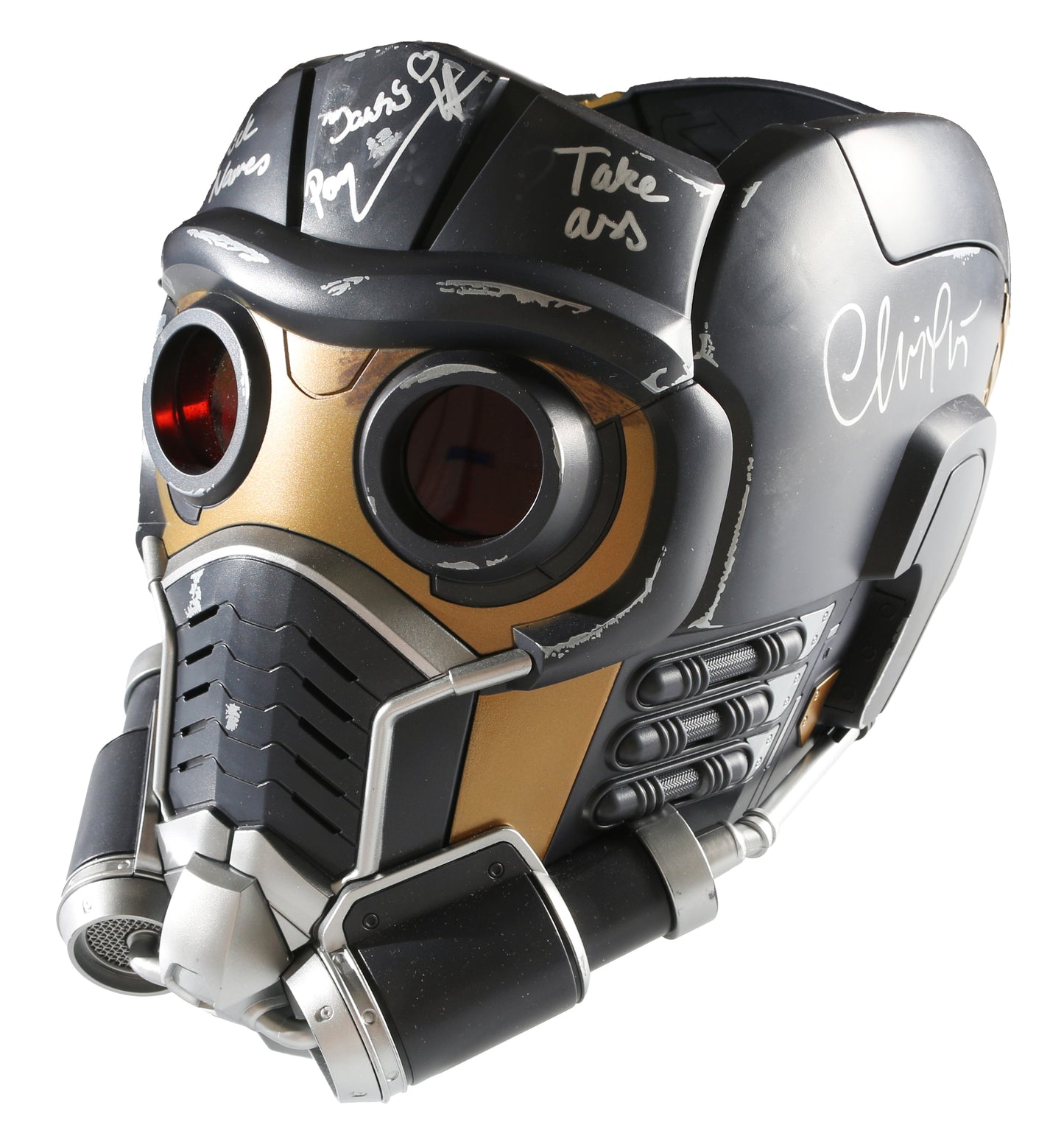 
                  
                    Chris Pratt as Star-Lord & Pom Klementieff as Mantis in Guardians of the Galaxy (Beckett Witnessed / JSA) Signed Hasbro Legends Series Prop Replica Helmet with Character Name & Quote
                  
                