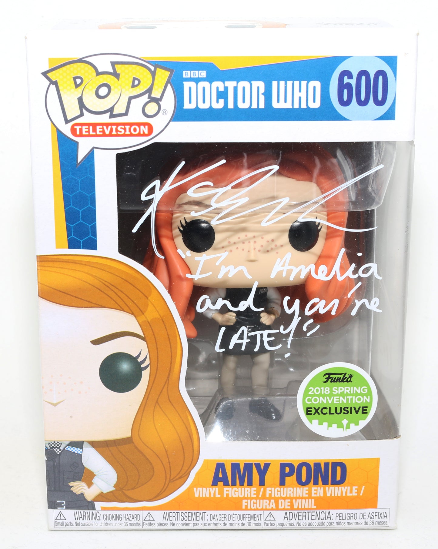 
                  
                    Karen Gillan as Amy Pond in BBC's Doctor Who 2018 Spring Convention Exclusive Signed Funko POP! #600 with Character Name and Quote
                  
                