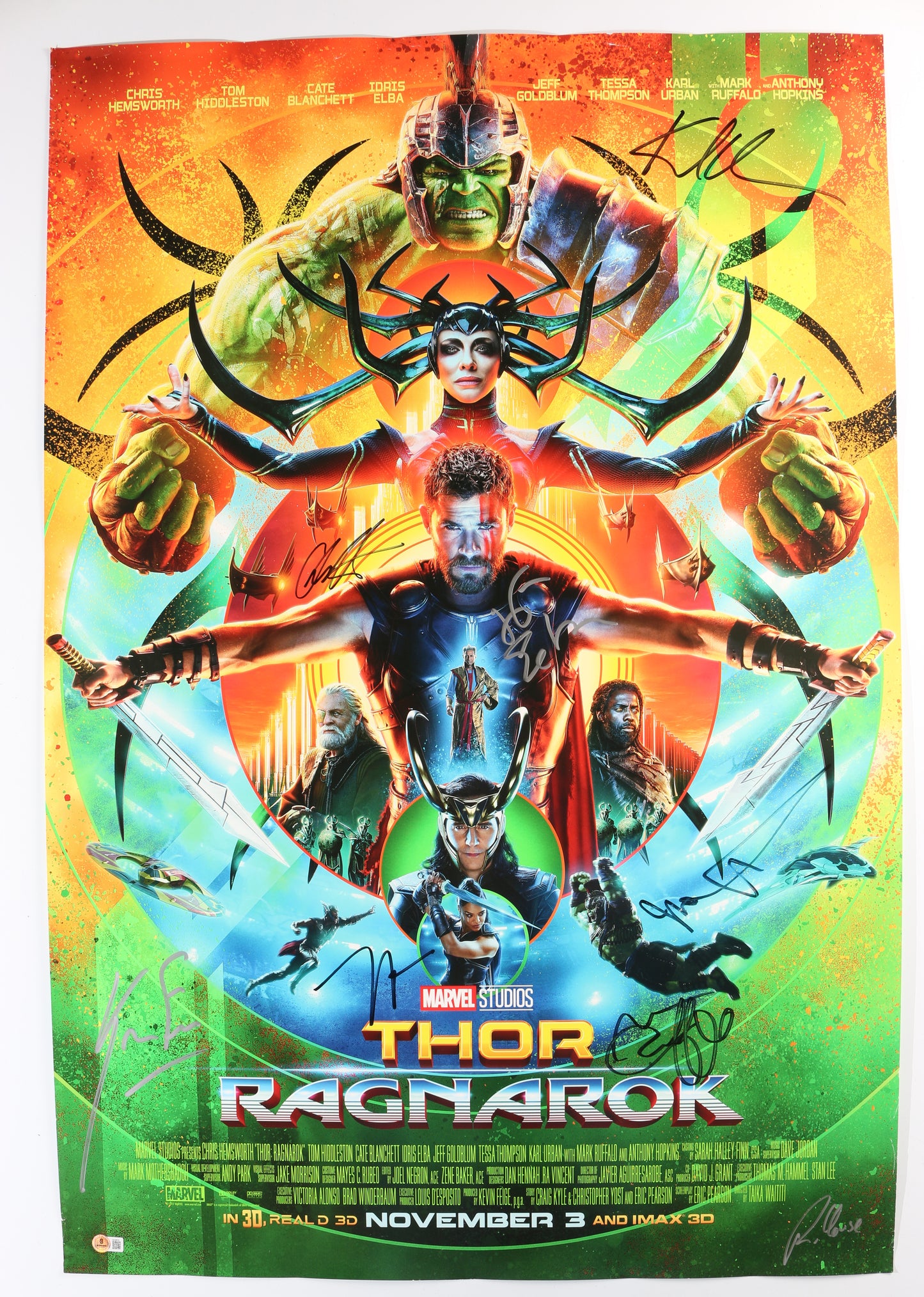 
                  
                    Thor: Ragnarok 27x40 Poster (Beckett) Cast Signed by Chris Hemsworth, Mark Ruffalo, Jeff Goldblum, Karl Urban, Producer: Kevin Feige, & Director: Taika Waititi
                  
                