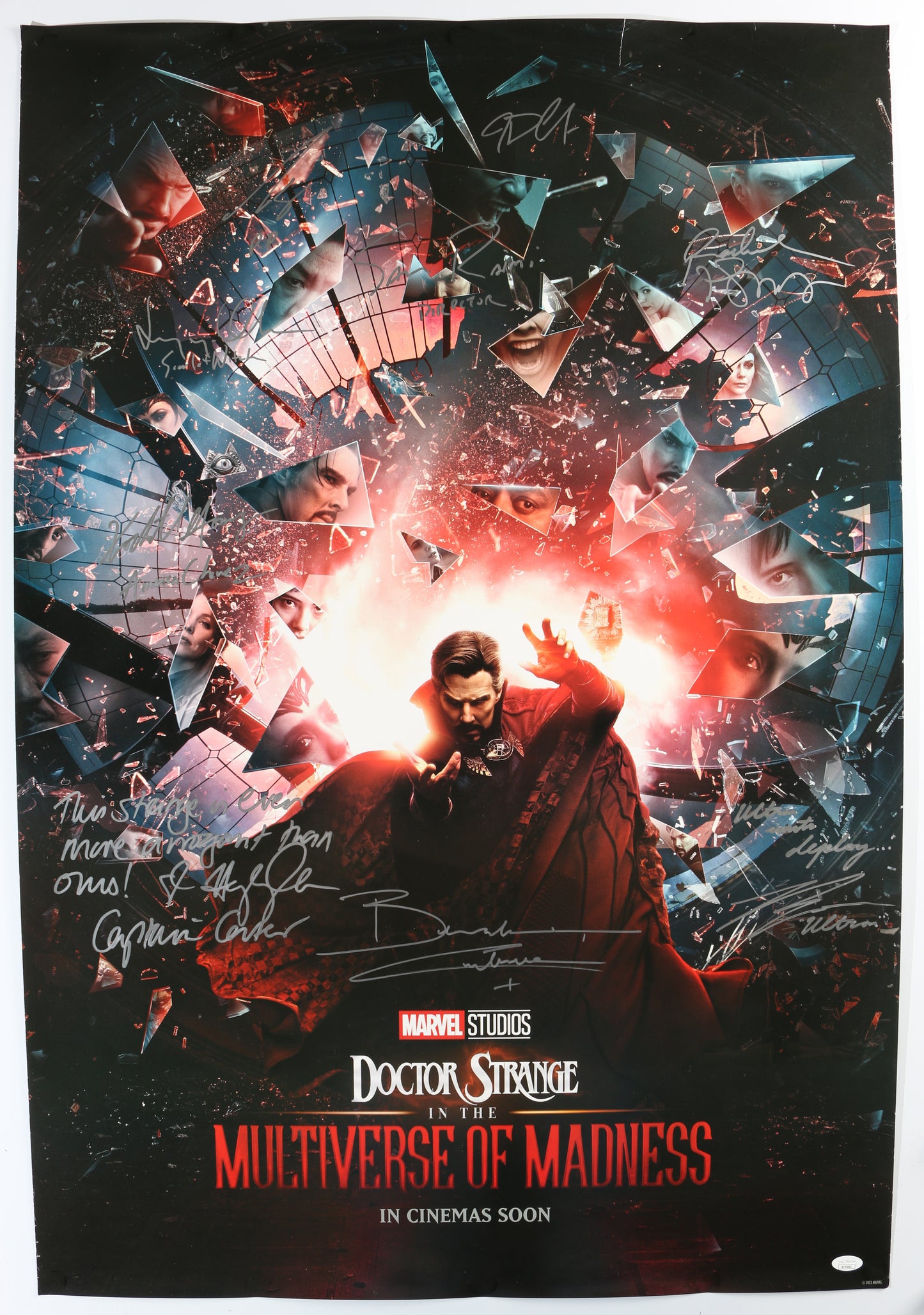 
                  
                    Doctor Strange in the Multiverse of Madness 27x40 Poster (JSA) Cast Signed by Benedict Cumberbatch, Elizabeth Olsen, Xochitl Gomez, Rachel McAdams, Hayley Atwell, John Krasinski, Ross Marquand, Bruce Campbell, & Director: Sam Raimi
                  
                