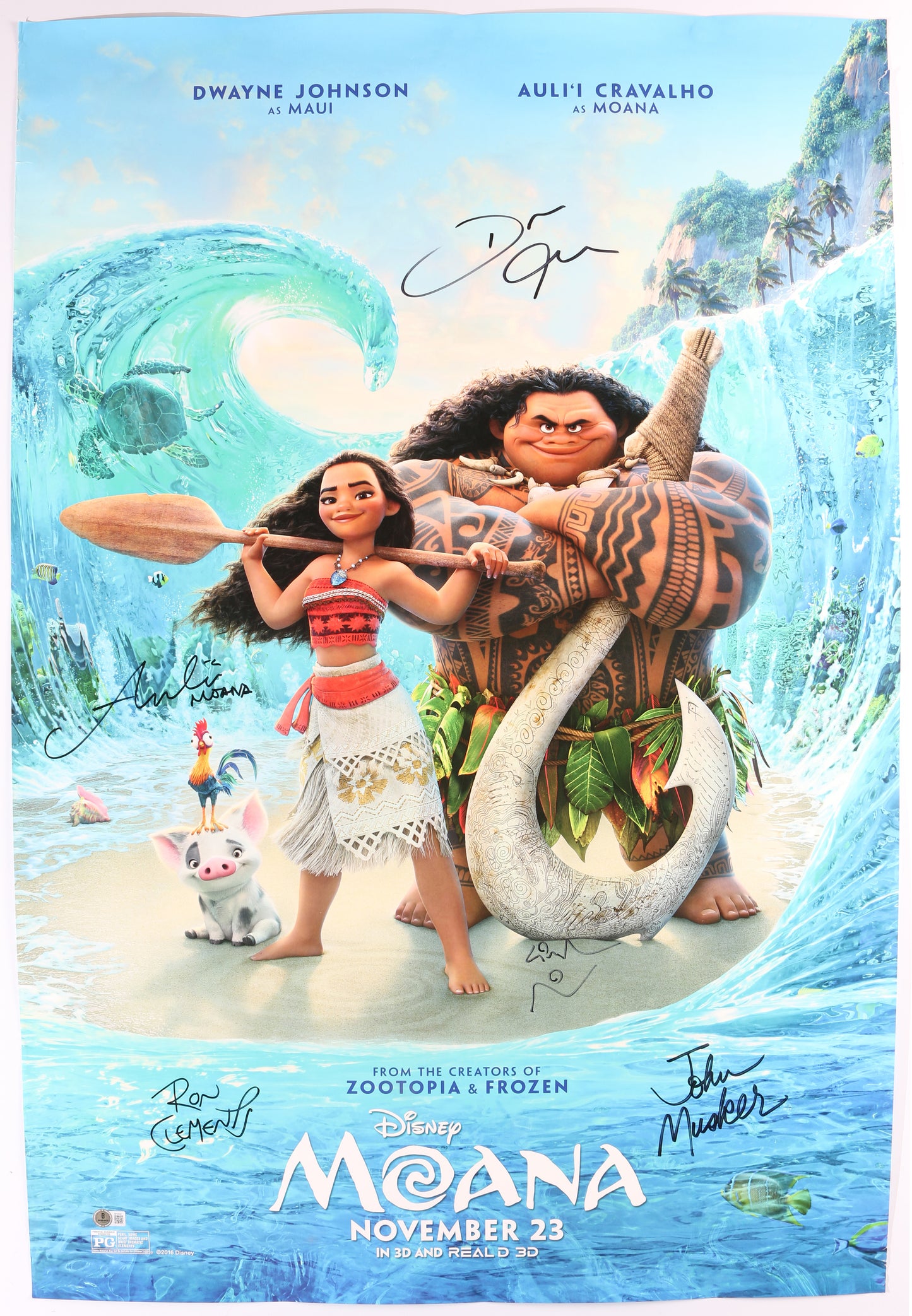 
                  
                    Moana 27x40 Poster (Beckett) Cast Signed by Dwayne "The Rock" Johnson & Auli'i Cravalho with Directors: Ron Clements & John Musker
                  
                