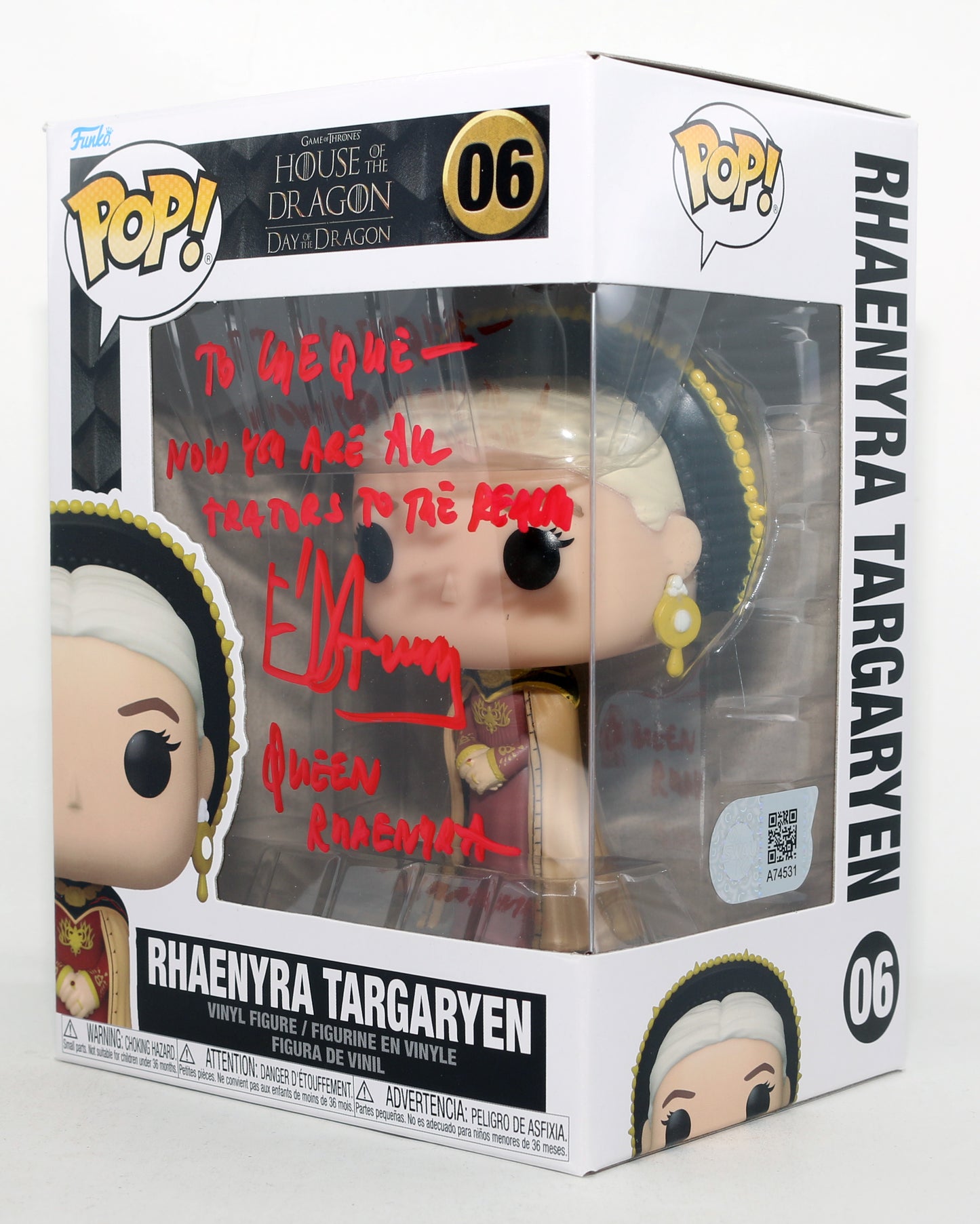 
                  
                    Emma D'Arcy as Rhaenyra Targaryen in HBO's House of the Dragon (SWAU) Signed Funko POP! #06 with Character Name & Quote
                  
                