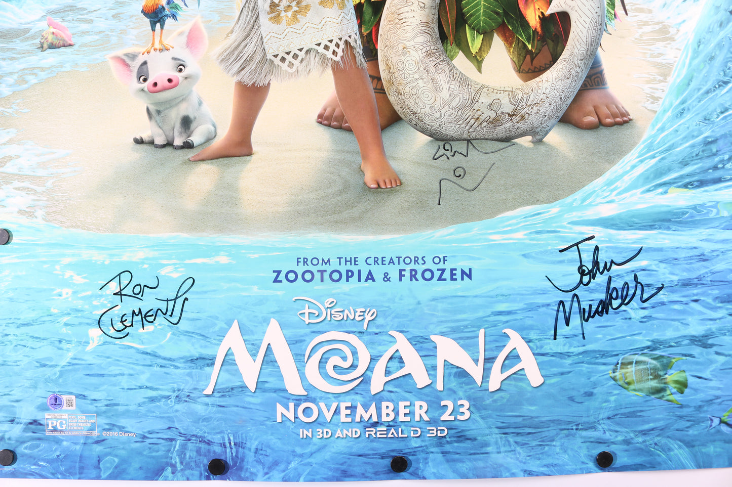 
                  
                    Moana 27x40 Poster (Beckett) Cast Signed by Dwayne "The Rock" Johnson & Auli'i Cravalho with Directors: Ron Clements & John Musker
                  
                