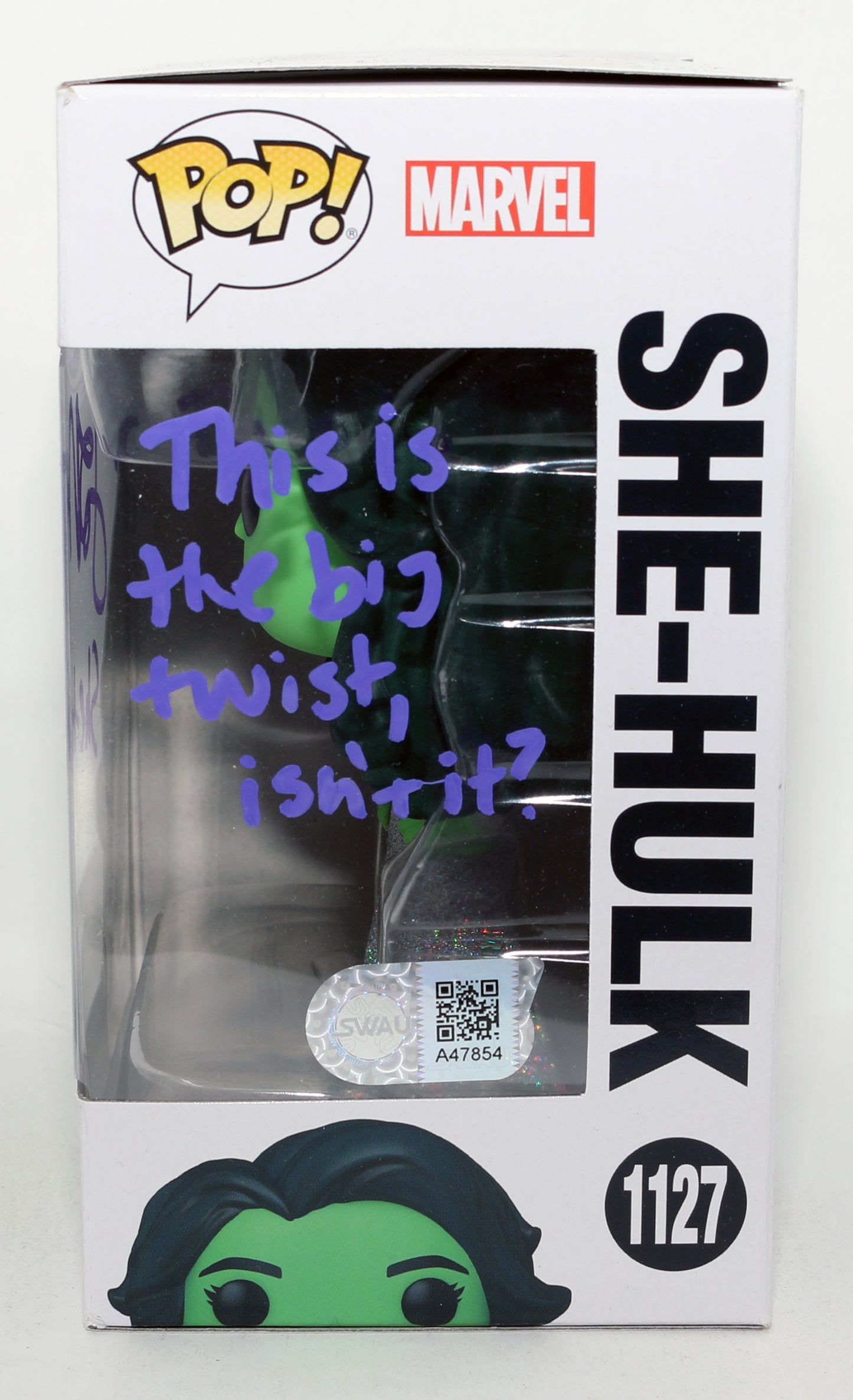 
                  
                    Tatiana Maslany as She-Hulk in She-Hulk Glitter (SWAU) Signed Funko POP! #1127 with Character Name & Quote
                  
                