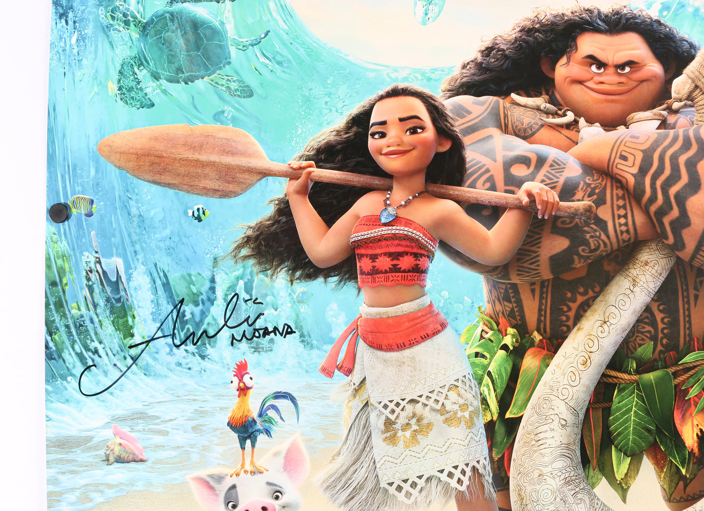 
                  
                    Moana 27x40 Poster (Beckett) Cast Signed by Dwayne "The Rock" Johnson & Auli'i Cravalho with Directors: Ron Clements & John Musker
                  
                