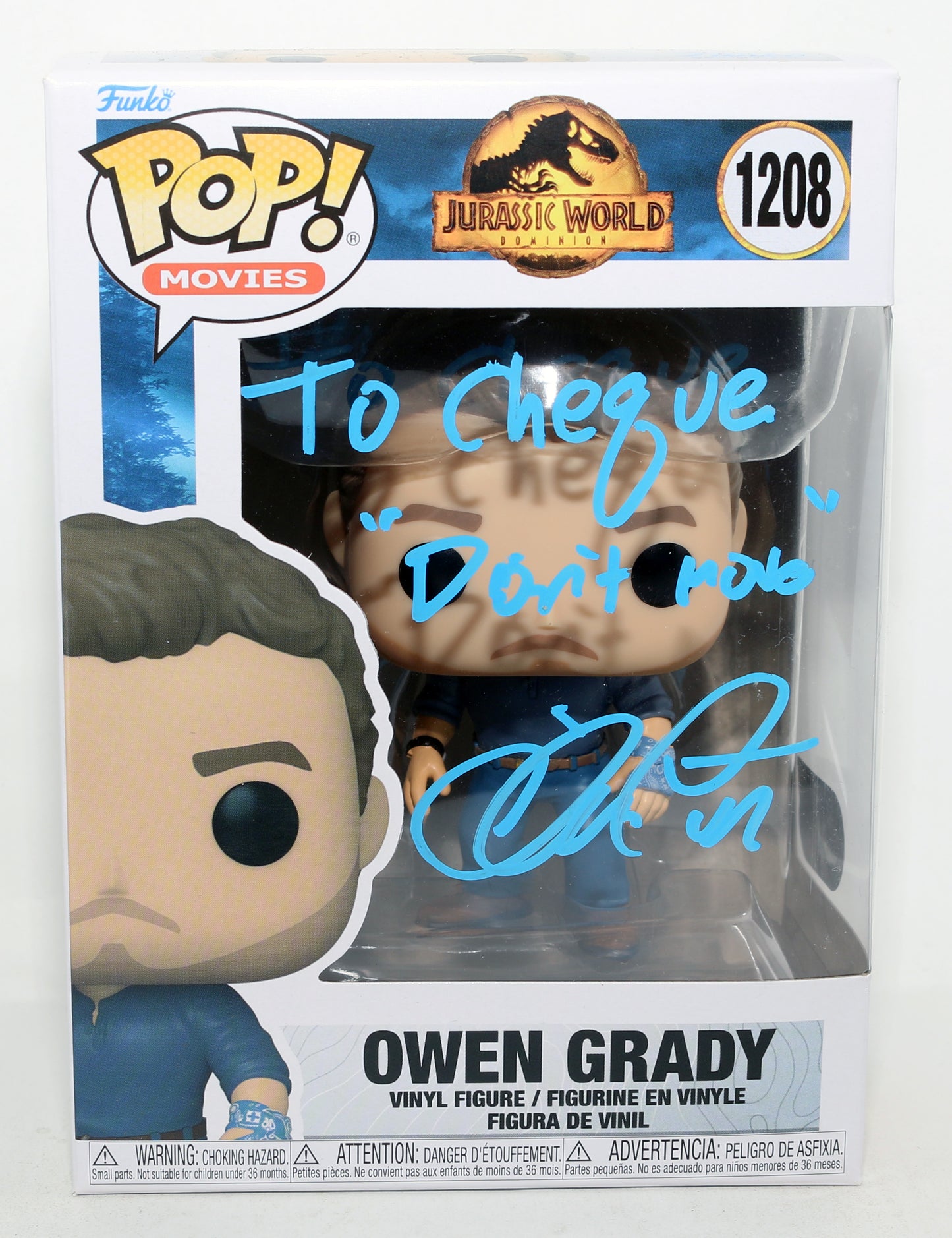 
                  
                    Chris Pratt as Owen Grady in Jurassic World Dominion (SWAU) Signed Funko POP! #1208 with Quote
                  
                