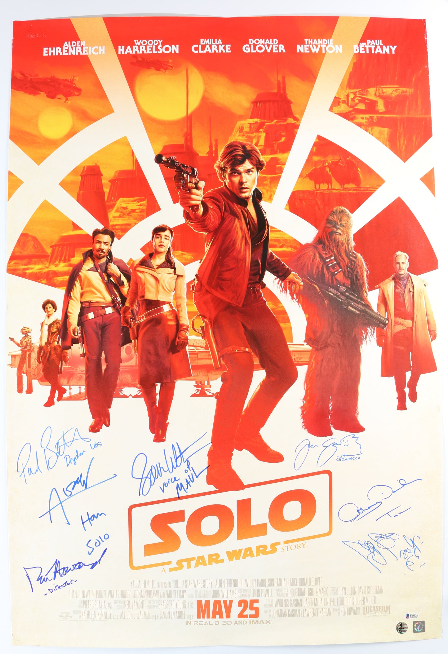 
                  
                    Solo: A Star Wars Story 27x40 Poster (Beckett / ASI) Cast Signed by Alden Ehrenreich, Joonas Suotamo, Paul Bettany, Ray Park, Sam Witwer, Anthony Daniels, & Director: Ron Howard with Character Names
                  
                