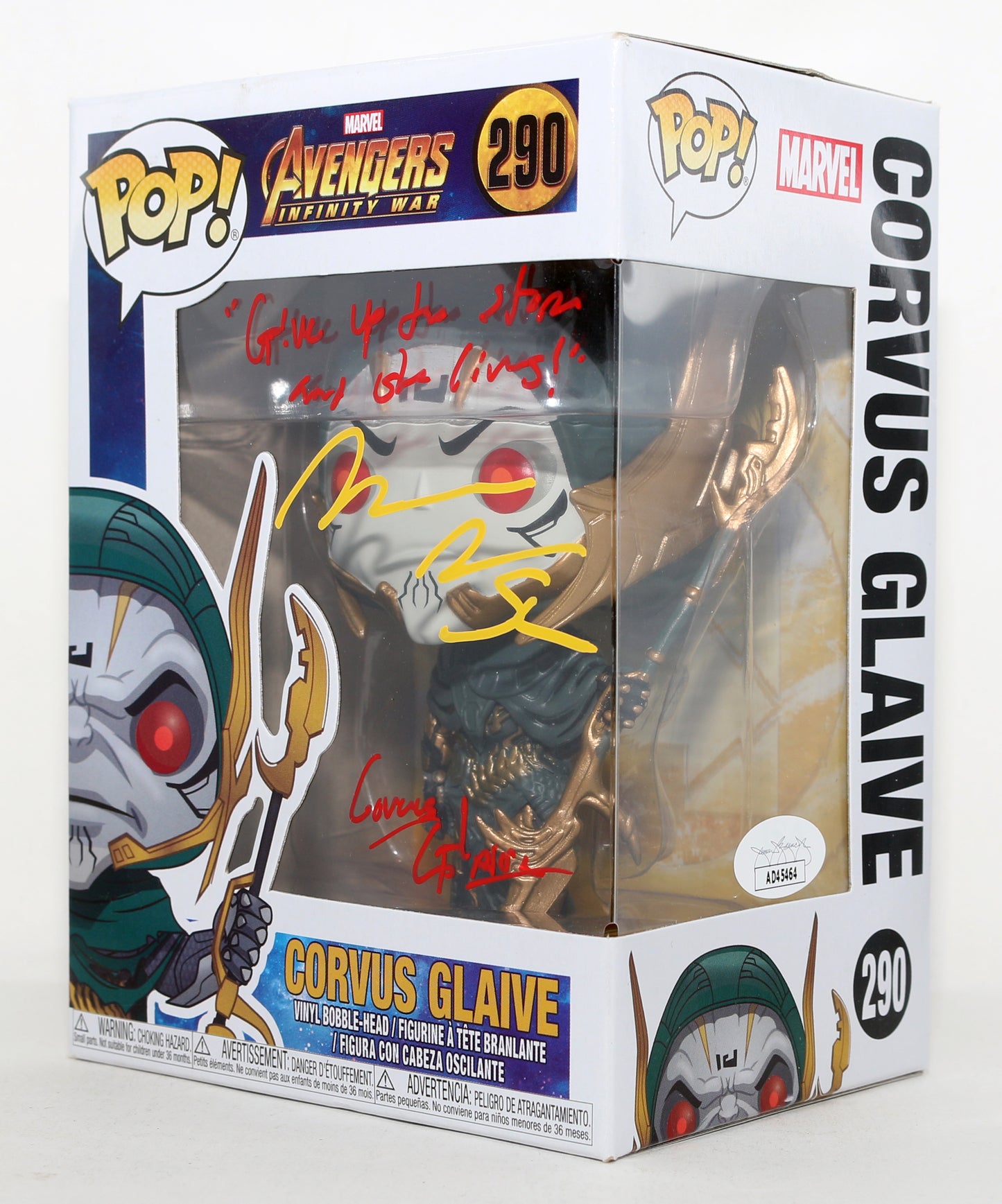 
                  
                    Michael James Shaw as Corvus Glaive in Avengers: Infinity War (JSA) Signed Funko POP! #290 with Character Name & Quote
                  
                