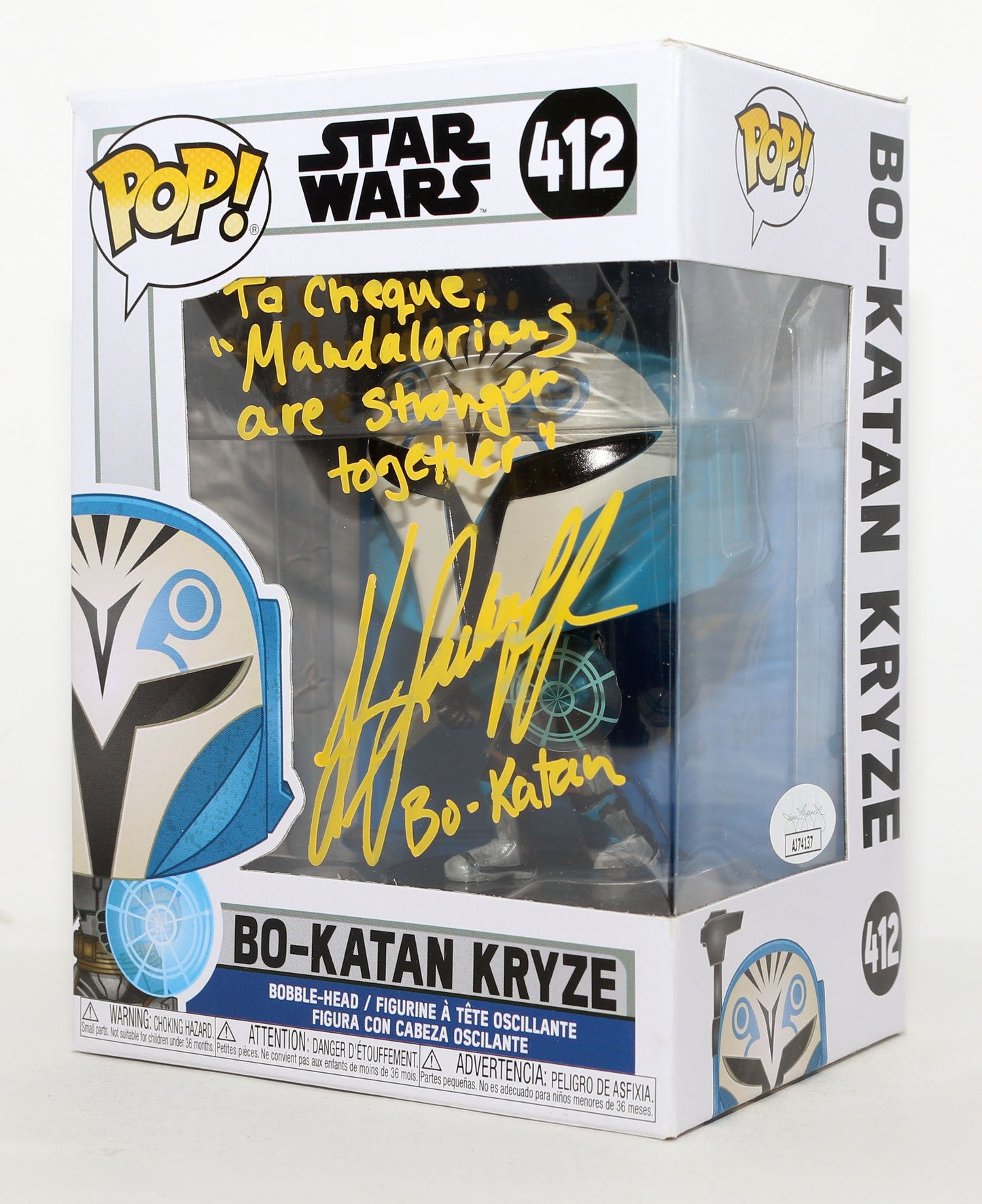 
                  
                    Katee Sackhoff as Bo-Katan Kryze in Star Wars: The Mandalorian (JSA) Signed Funko POP! #412 with Character Name & Quote
                  
                