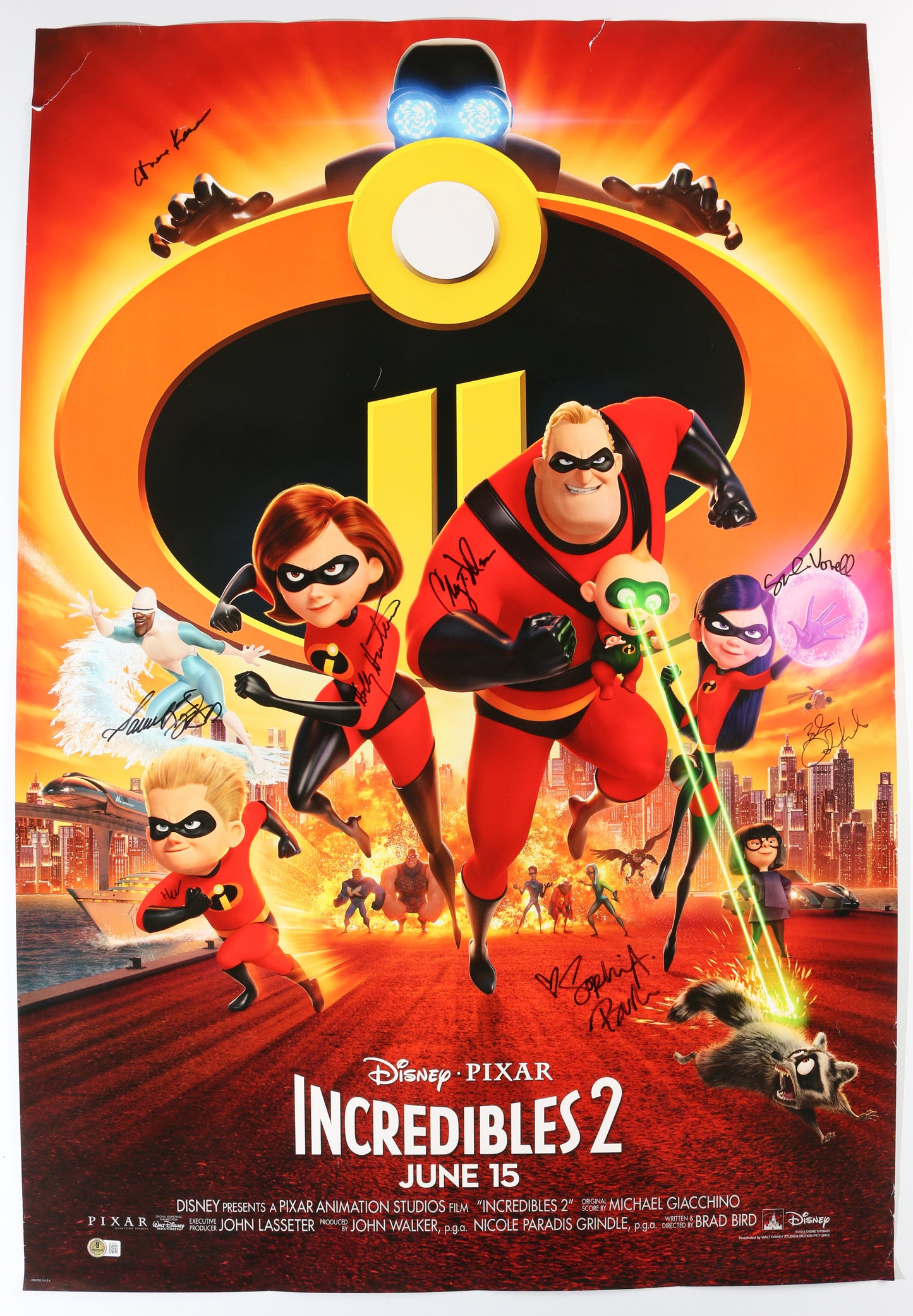 
                  
                    Incredibles 2 Disney Pixar 27x40 Poster (Beckett) Cast Signed by Craig T. Nelson, Holly Hunter, Sarah Vowell, Huck Milner, Catherine Keener, Samuel L. Jackson, Sophia Bush, & Bob Odenkirk
                  
                
