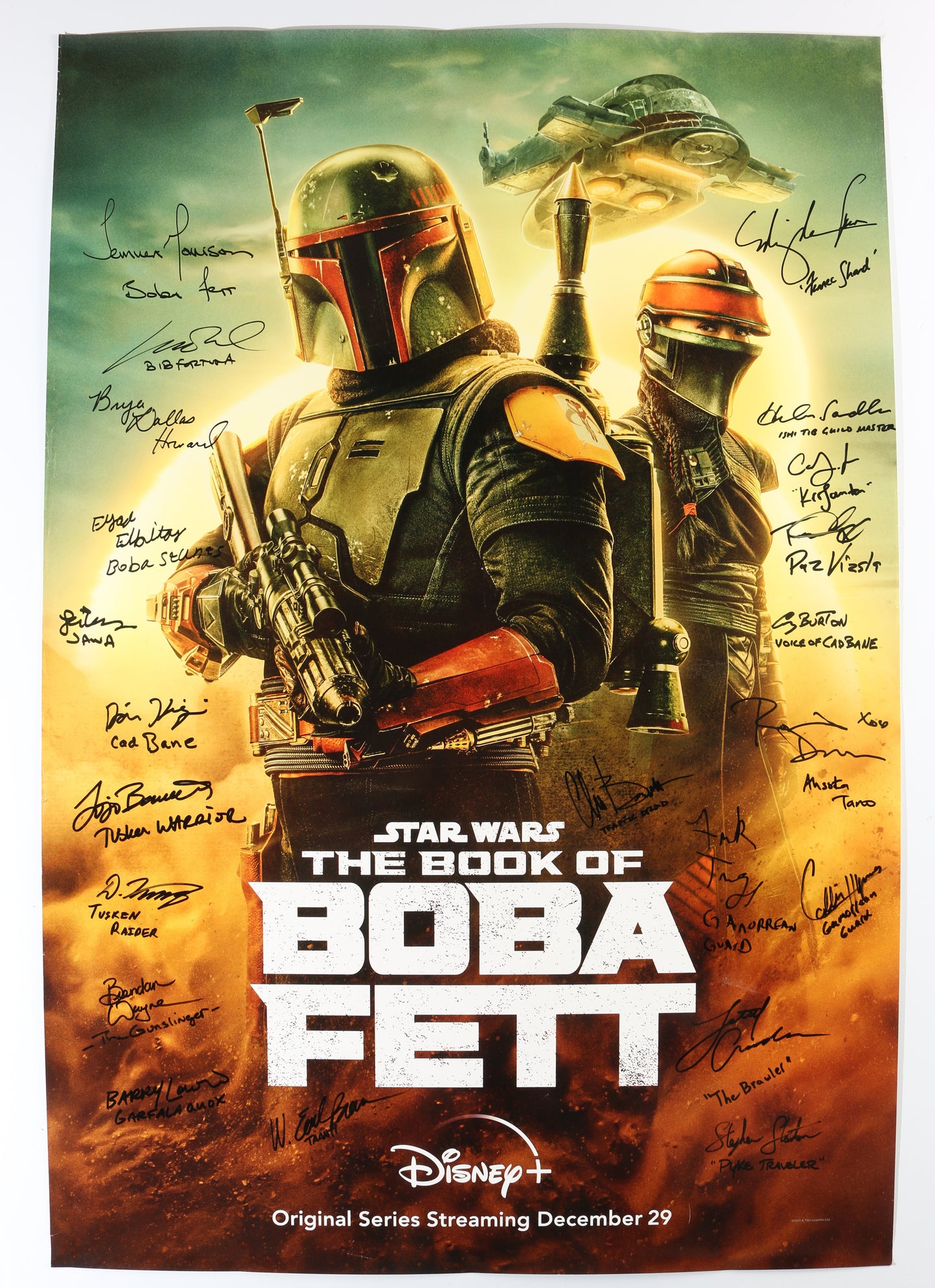 
                  
                    The Book of Boba Fett 27x40 Poster Cast Signed by Temuera Morrison, Matthew Wood, Bryce Dallas Howard, Brendan Wayne, Ming Na Wen, Carey Jones, Corey Burton, Tait Fletcher, Rosario Dawson, Lateef Crowder, & More
                  
                