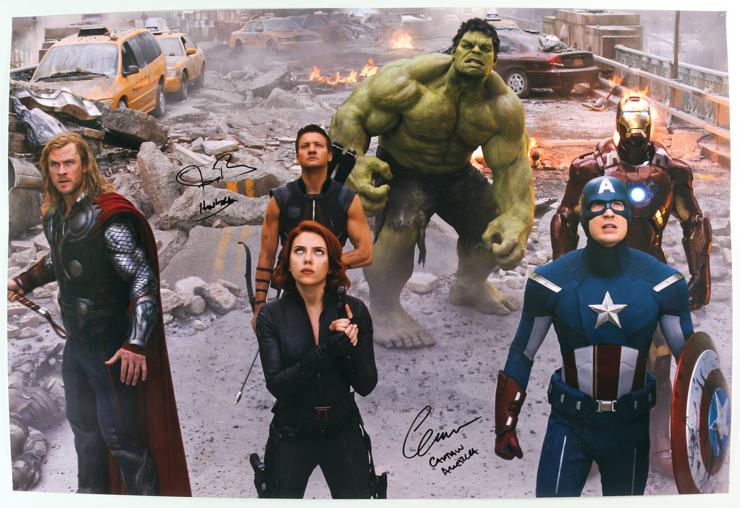 
                  
                    Chris Evans as Captain America & Jeremy Renner as Hawkeye in The Avengers (SWAU) Signed 20x30 Poster with Character Names
                  
                