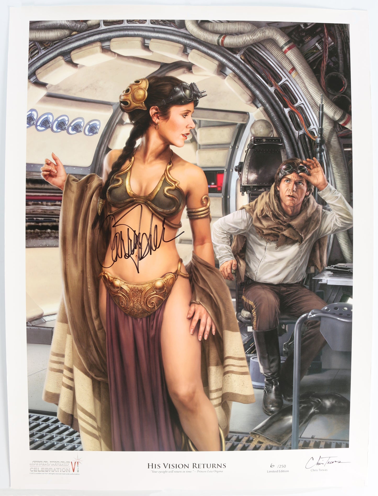 
                  
                    Carrie Fisher as Slave Princess Leia in Star Wars: Return of the Jedi 'His Vision Returns' by Chris Trevas Signed Star Wars Celebration VI 2012 Signed Limited Edition #6 / 250 18x24 Print
                  
                