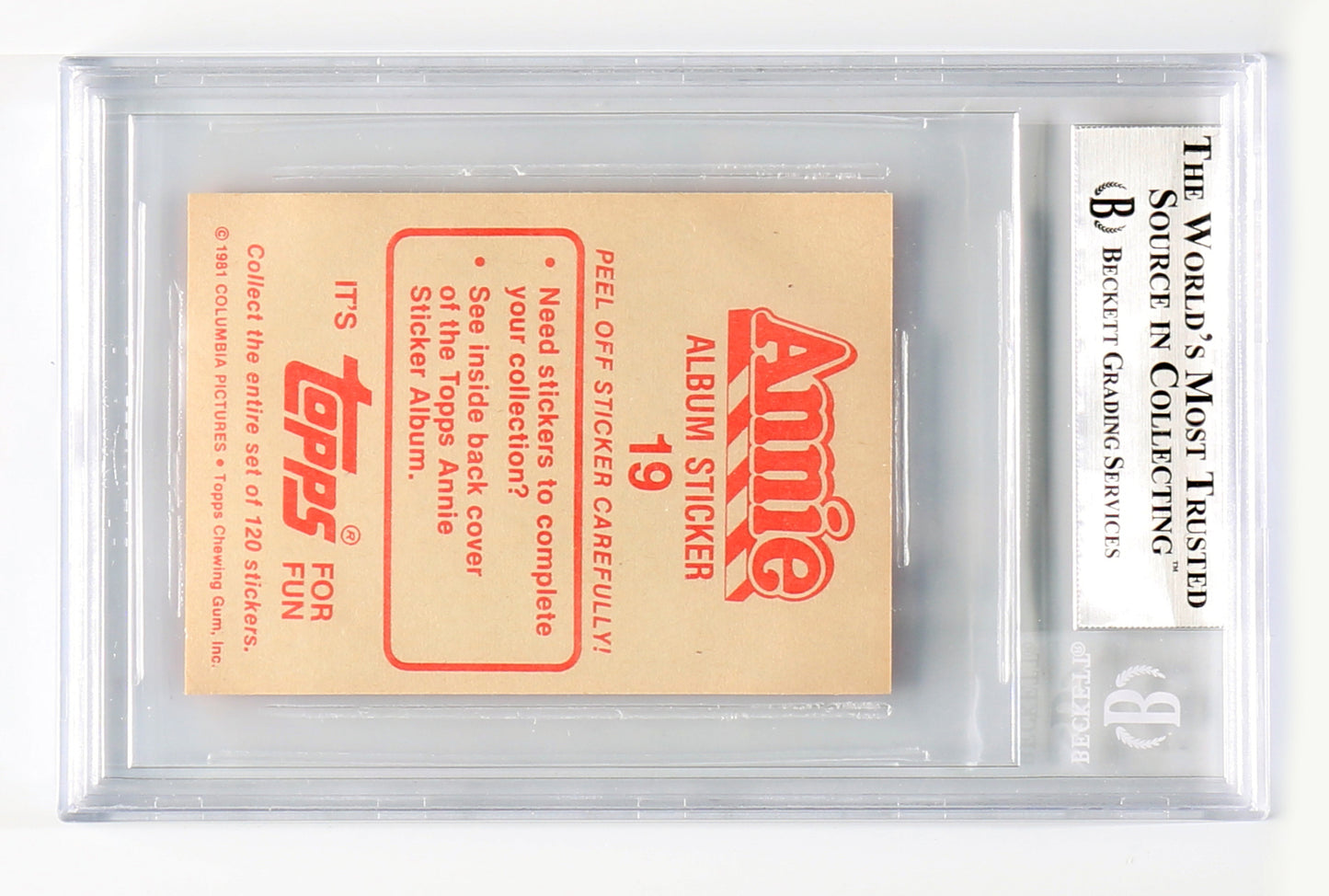 
                  
                    Carol Burnett as Agatha Hannigan in Annie (Beckett Encapsulated) Signed 1981 Topps Trading Card Sticker #19
                  
                